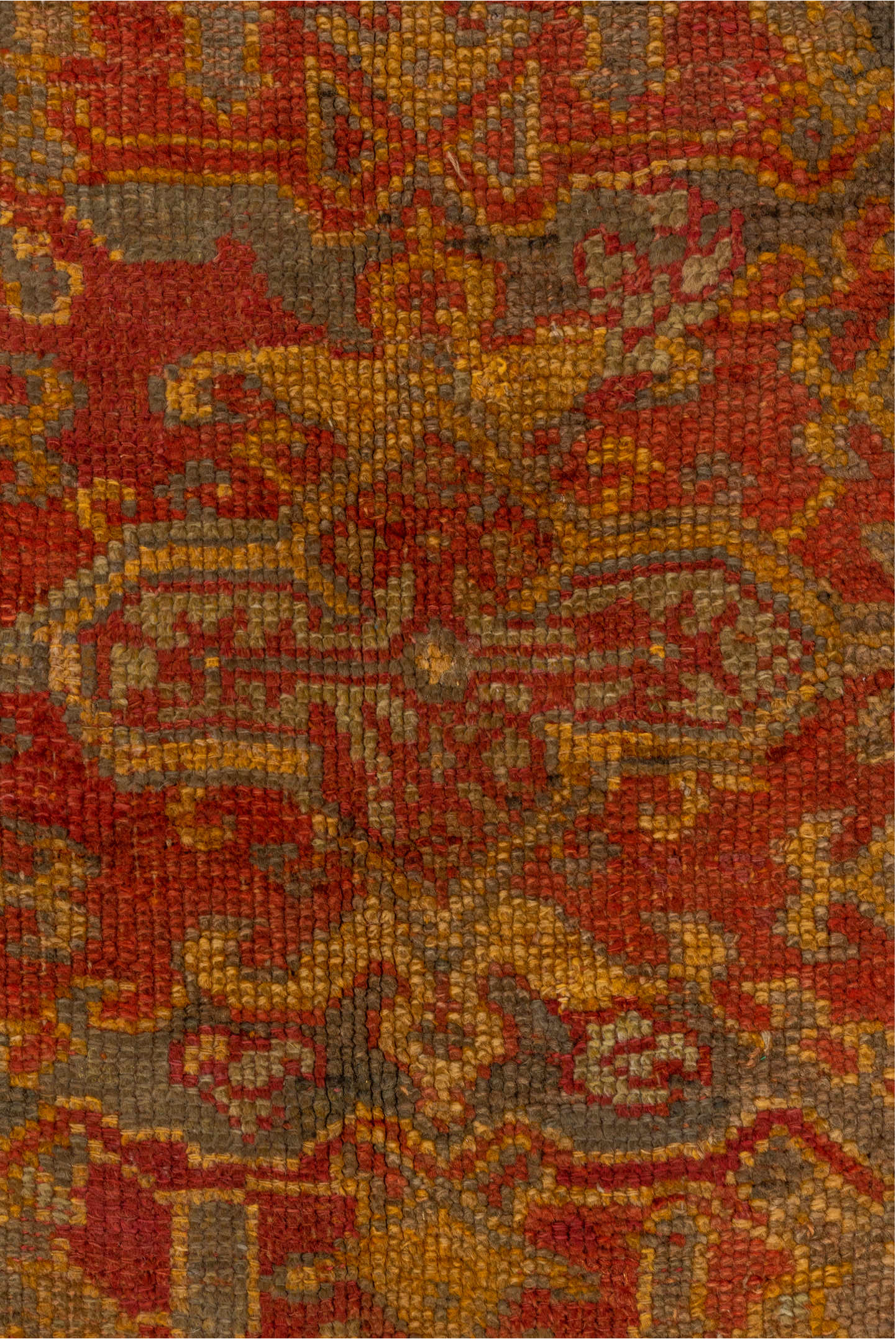 10' x 15' one-of-a-kind handmade vintage Oushak rug. Color palette: brown, dark red, gray, off-white, pink, red