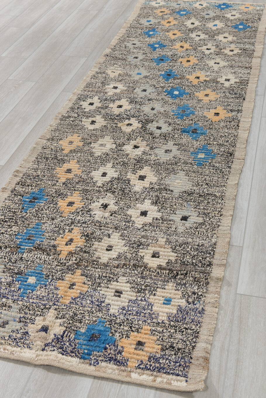 3' x 11' one-of-a-kind handmade vintage Tulu runner rug. Color palette: black, blue, brown, burlywood, dark gray, fiord