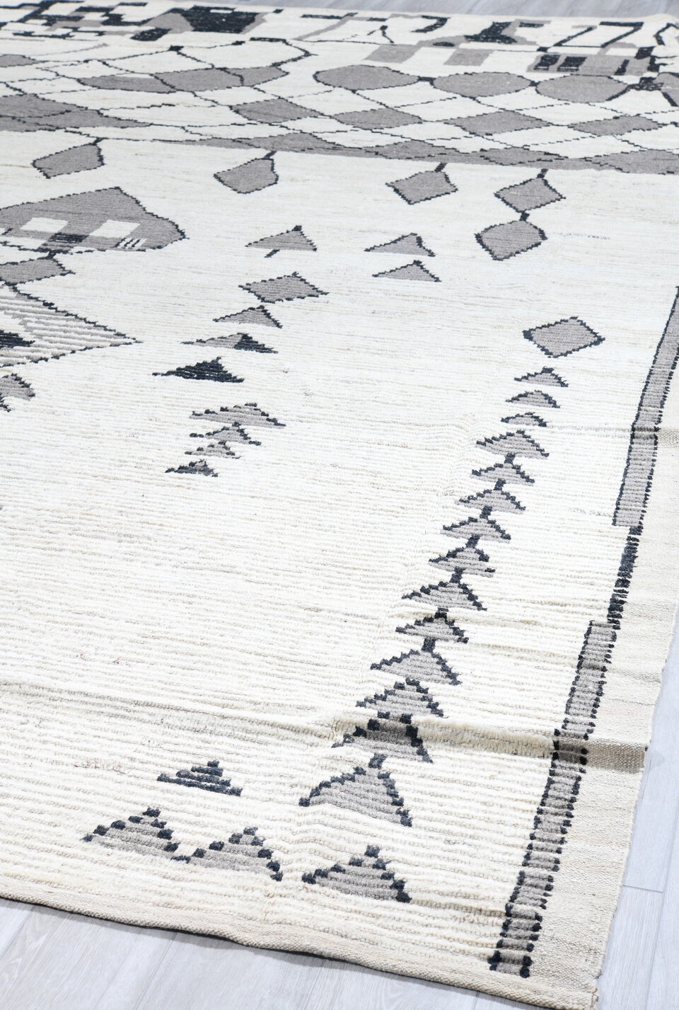 13' x 16' one-of-a-kind handmade vintage Tulu oversize rug. Color palette: blue, dark gray, dim gray, gainsboro, gray