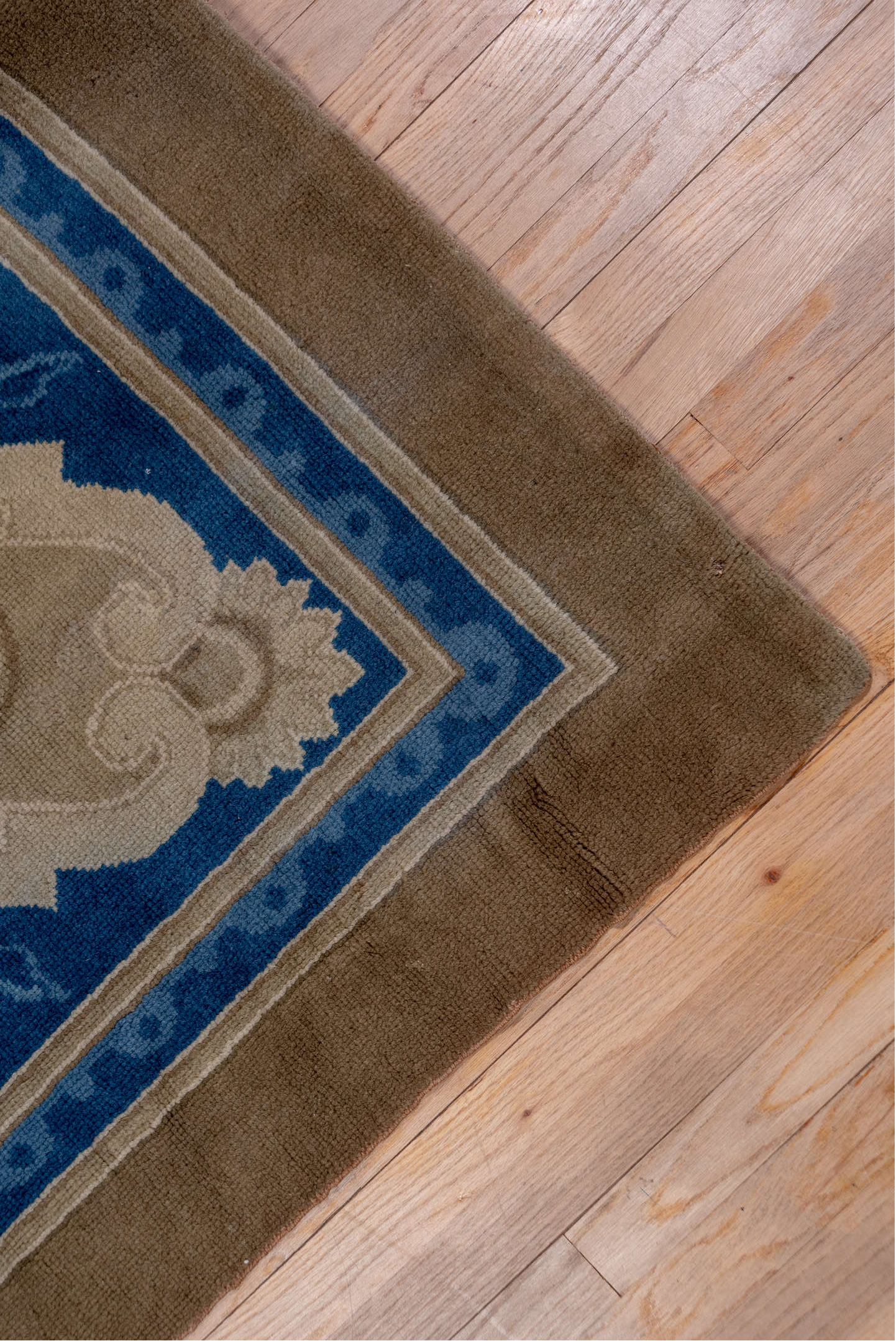 12' x 15' one-of-a-kind handmade vintage European oversize rug. Color palette: blue, brown, fiord, gray, pink, slate gray