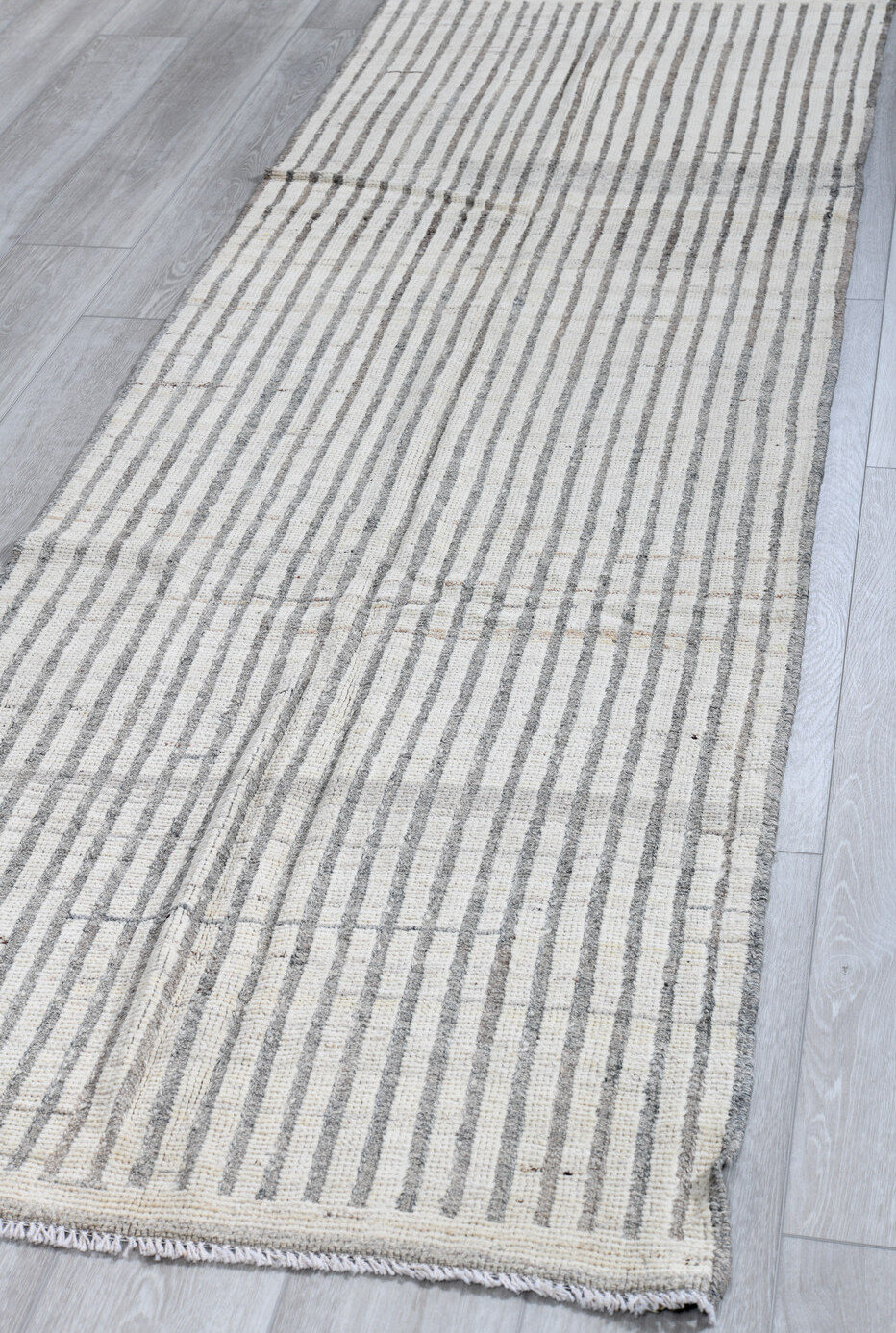 2' x 10' one-of-a-kind handmade vintage Tulu runner rug. Color palette: blue, dark gray, dim gray, gainsboro, gray