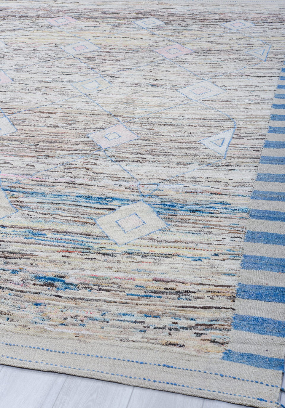 9' x 12' one-of-a-kind handmade vintage Tulu large size rug. Color palette: black, blue, charcoal, dark gray, dim gray