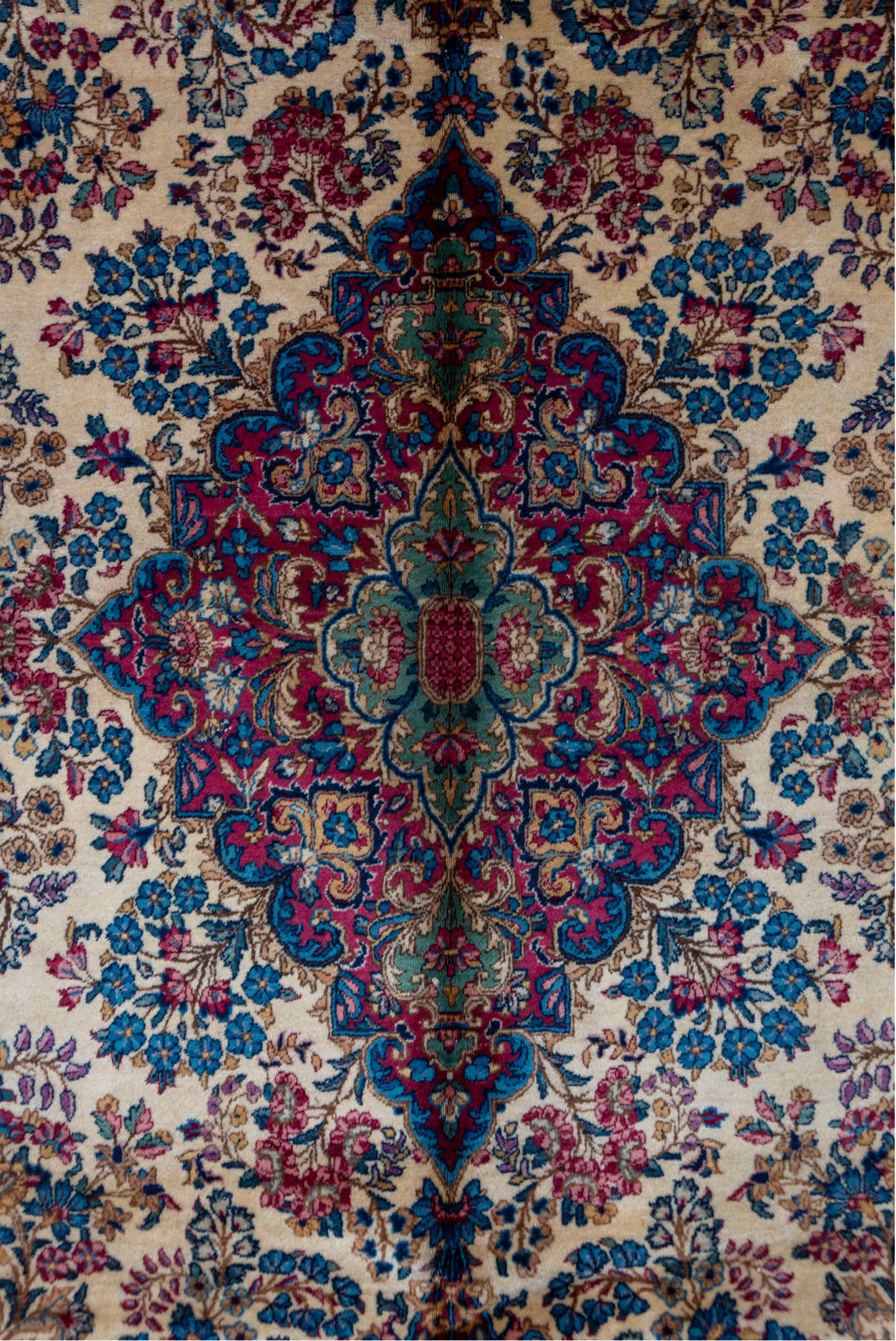 8' x 12' one-of-a-kind handmade vintage Kerman large size rug. Color palette: blue, brown, dark gray, fiord, gray