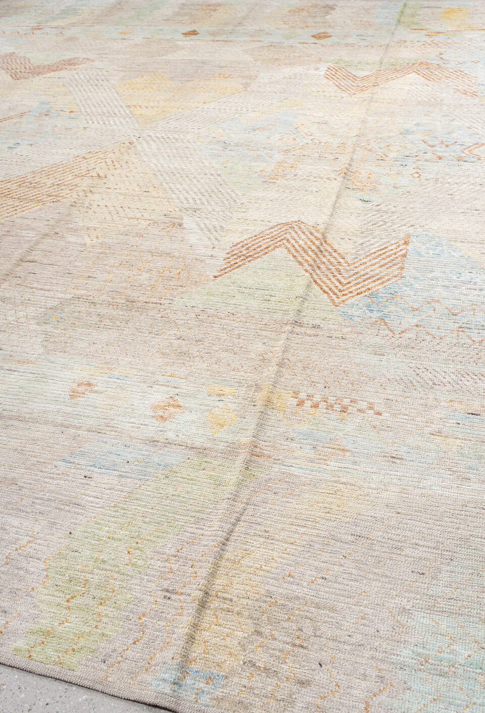 13' x 16' one-of-a-kind handmade vintage Tulu oversize rug. Color palette: antiquewhite, beige, brown, dark gray, gainsboro