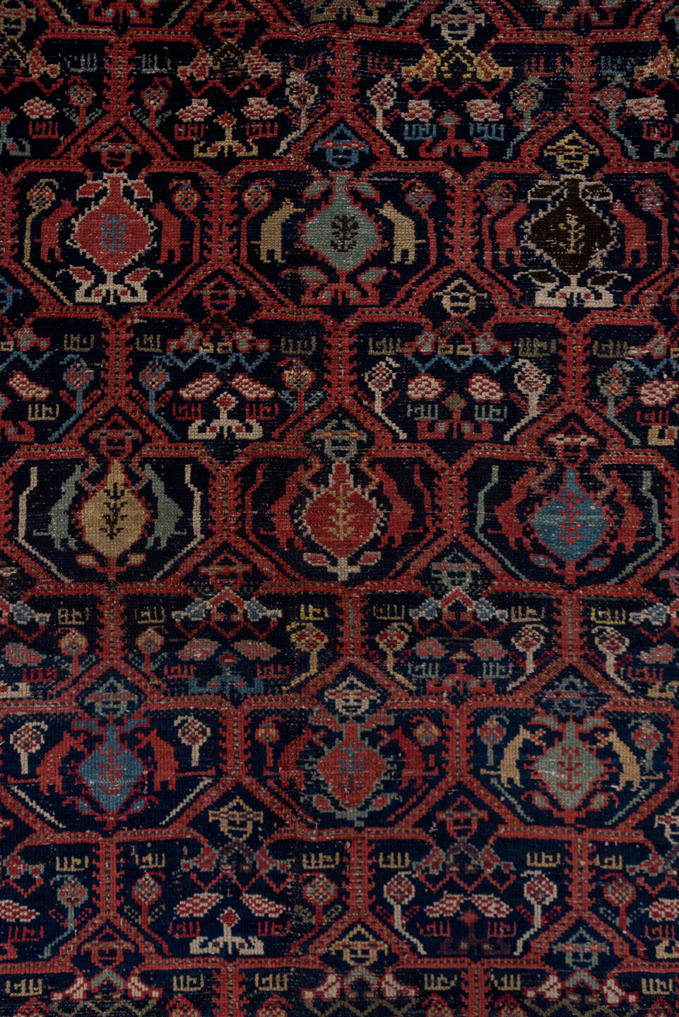 5' x 12' one-of-a-kind handmade vintage Malayer rug. Color palette: blue, brown, gray, pink, red, redwood