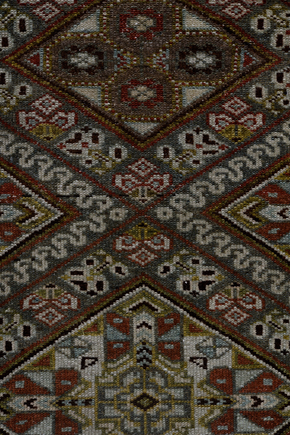 3' x 17' one-of-a-kind handmade vintage Malayer runner rug. Color palette: black, blue, brown, charcoal, dim gray, gray