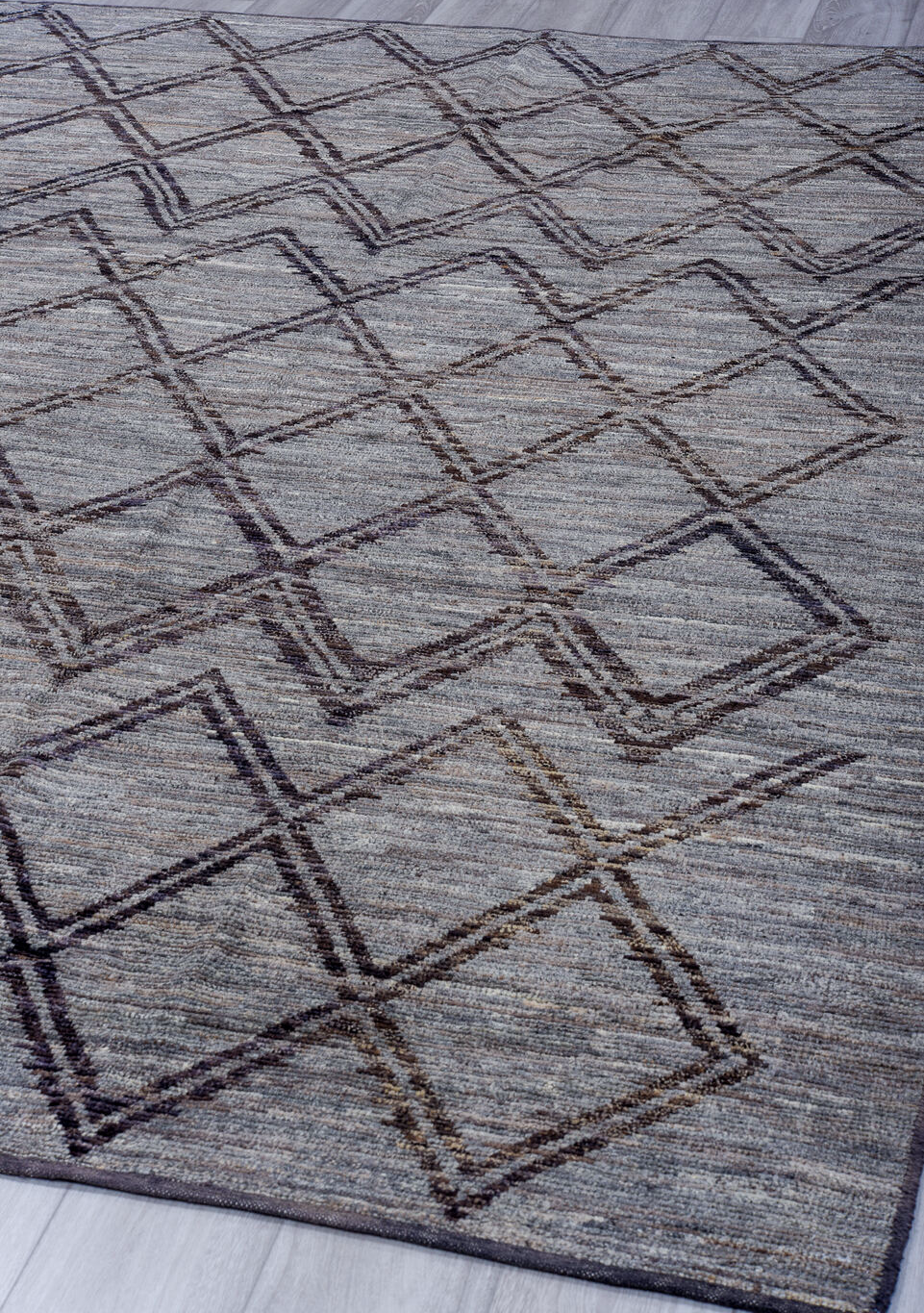 8' x 9' one-of-a-kind handmade vintage Tulu rug. Color palette: black, blue, charcoal, dark gray, gray, light blue