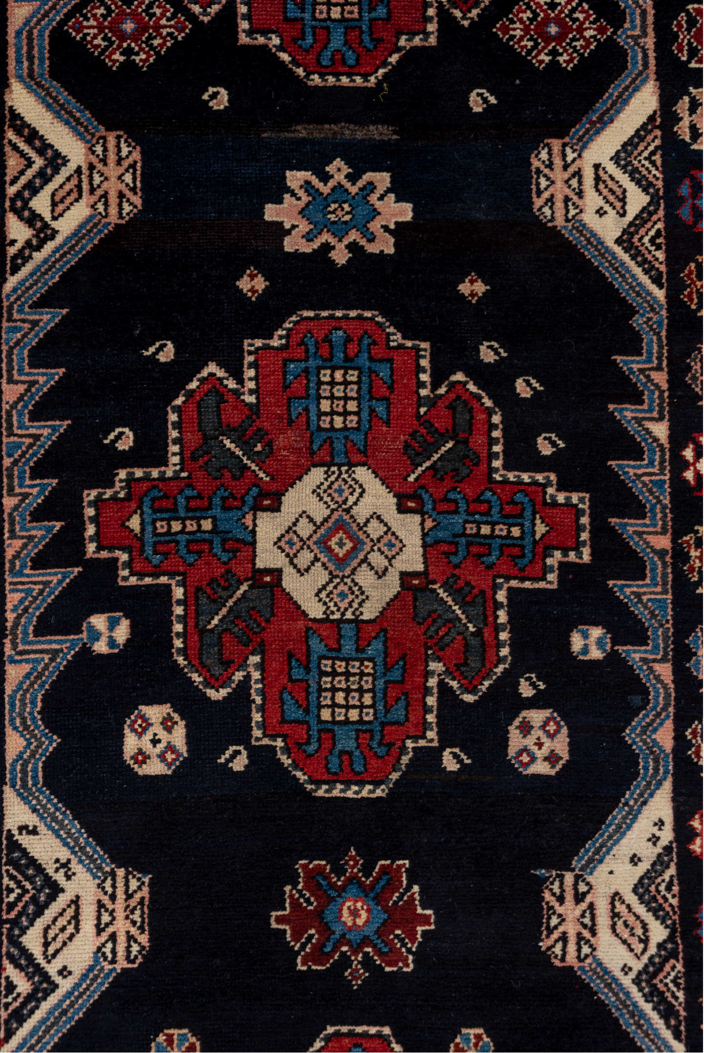 3' x 8' one-of-a-kind handmade vintage Malayer runner rug. Color palette: black, blue, brown, gray, pink, red