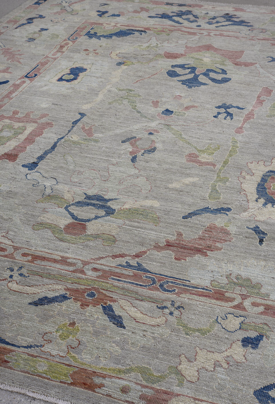 7' x 9' one-of-a-kind handmade vintage Oushak rug. Color palette: blue, brown, dark gray, fiord, gray, light gray, off-white