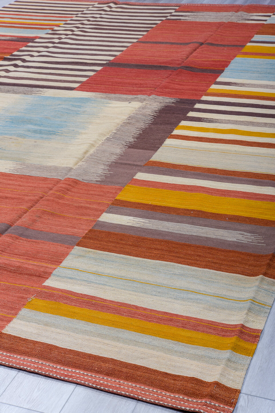 10' x 14' one-of-a-kind handmade vintage Kilim large size rug. Color palette: brown, gainsboro, gray, light blue, light gray
