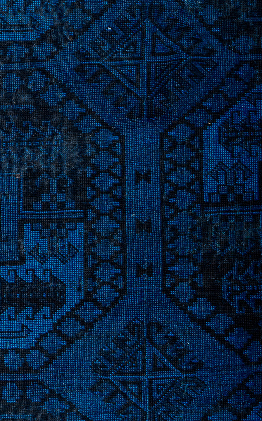 9' x 13' one-of-a-kind handmade vintage Overdyed large size rug. Color palette: blue, dim gray, gray, light gray, off-white