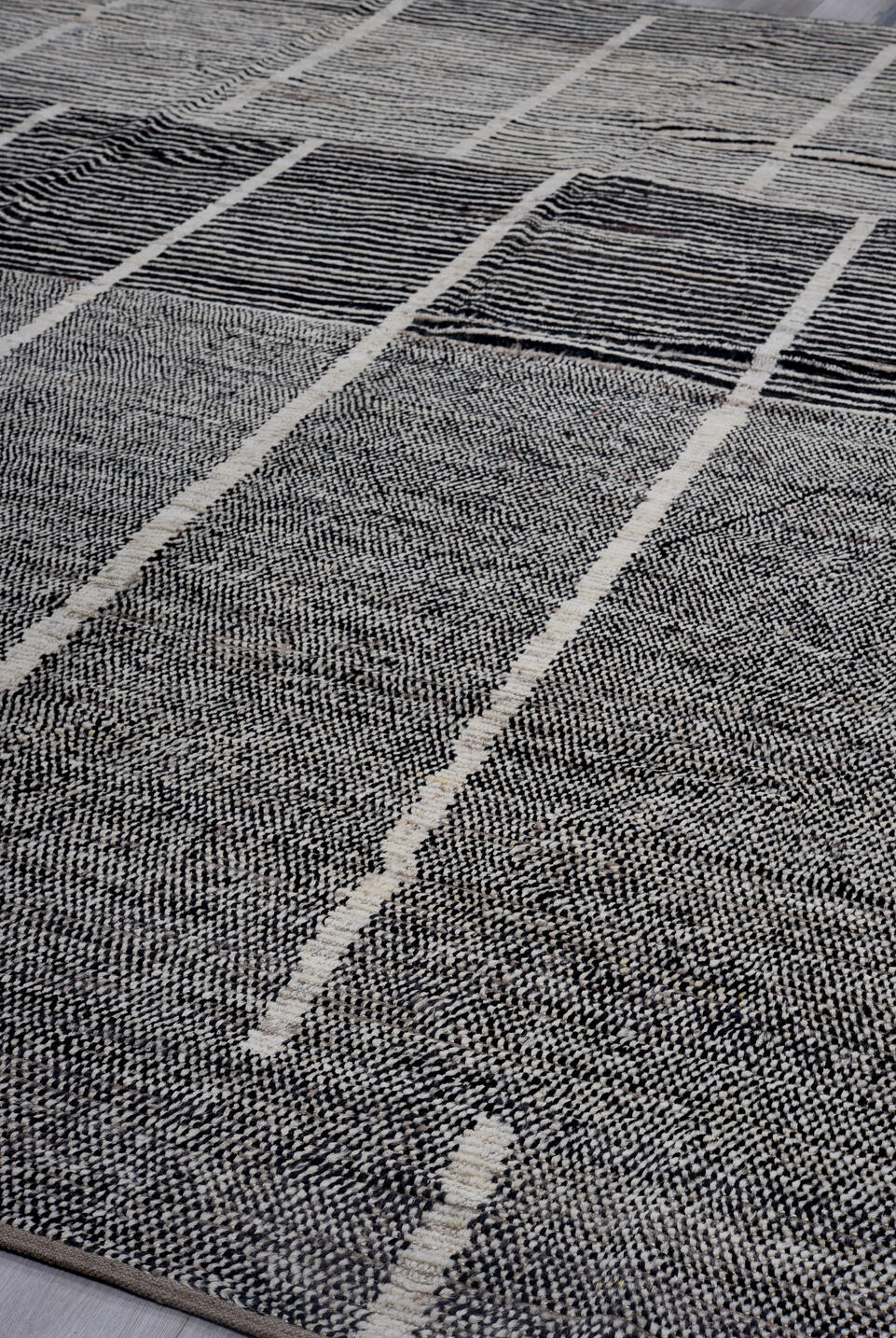 11' x 14' one-of-a-kind handmade vintage Tulu oversize rug. Color palette: black, charcoal, dark gray, dim gray, gainsboro