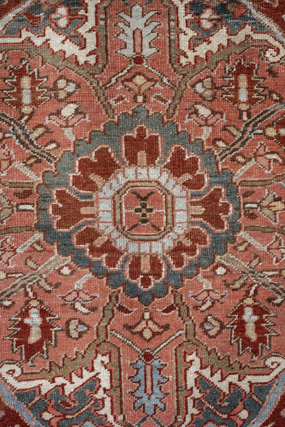11' x 14' one-of-a-kind handmade vintage Heriz oversize rug. Color palette: brown, pink, gray, black, light gray, orange