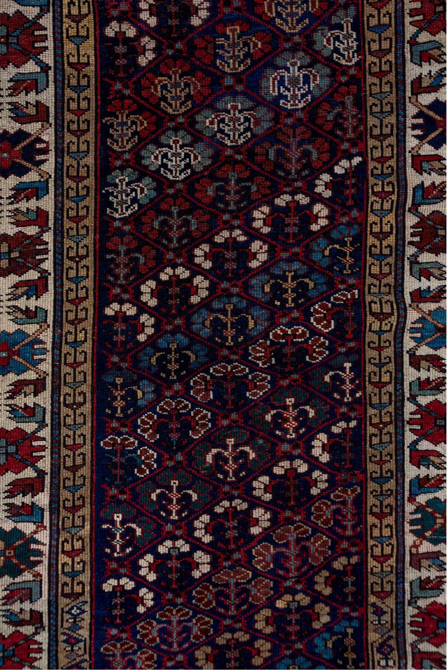 3' x 12' one-of-a-kind handmade vintage NW Persian runner rug. Color palette: brown, gray, pink, red, redwood