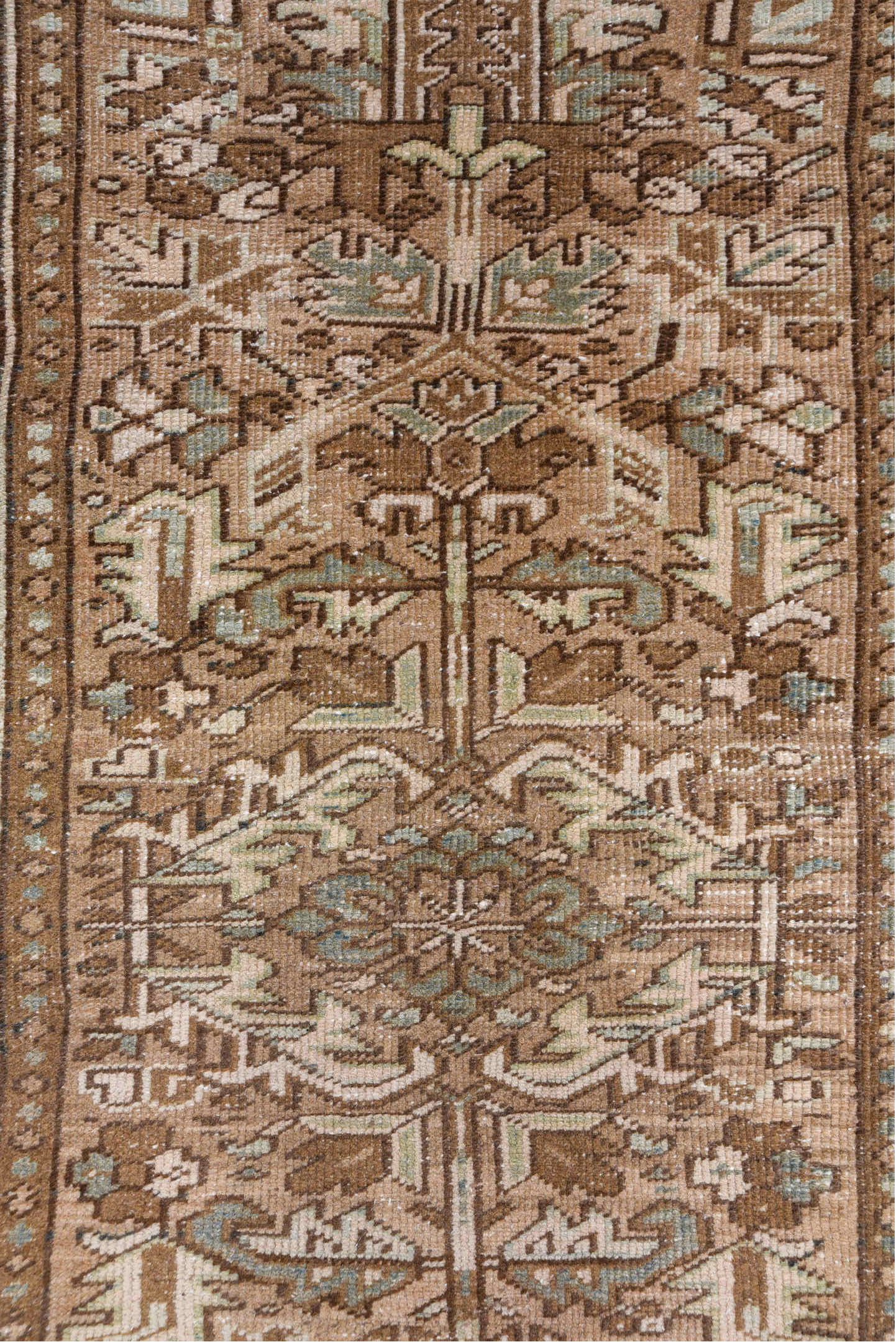 3' x 8' one-of-a-kind handmade vintage Heriz runner rug. Color palette: brown, gray, light gray, off-white, pink, redwood