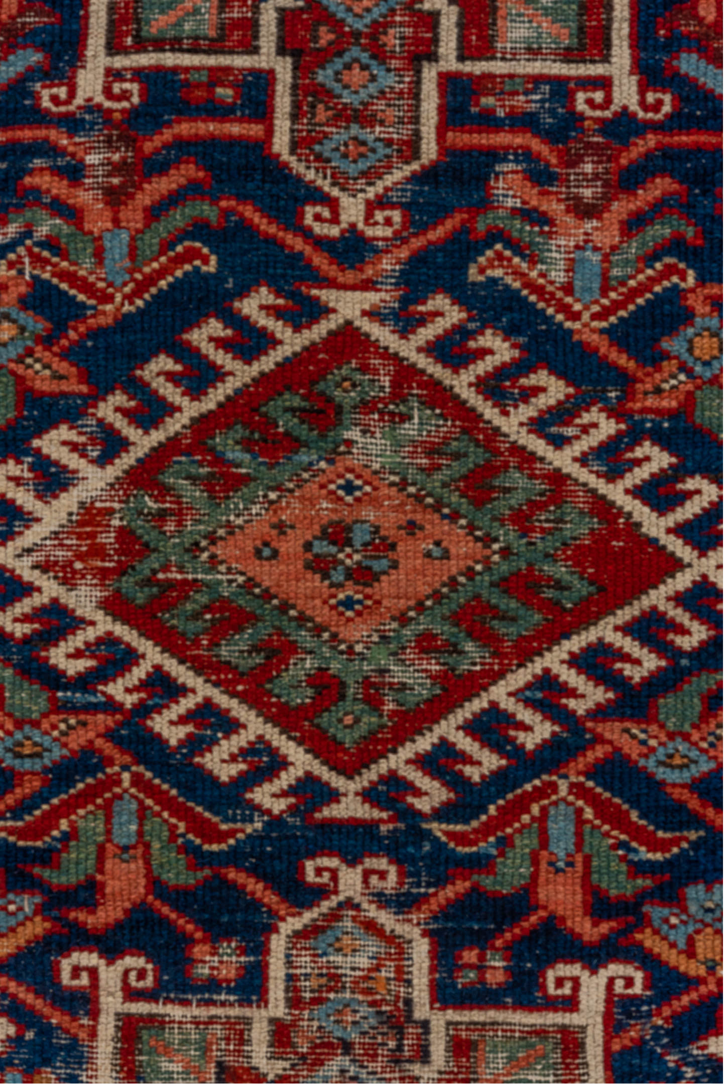 3' x 8' one-of-a-kind handmade vintage Karaje runner rug. Color palette: pink, brown, blue, gray, black, red, slate gray