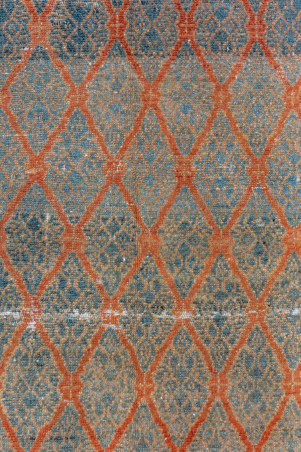 4' x 10' one-of-a-kind handmade vintage Malayer runner rug. Color palette: brown, pink, gray, light gray, blue, black