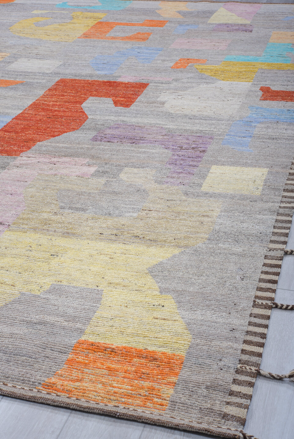 6' x 8' one-of-a-kind handmade vintage Tulu medium size rug. Color palette: blue, brown, dim gray, gainsboro, gray