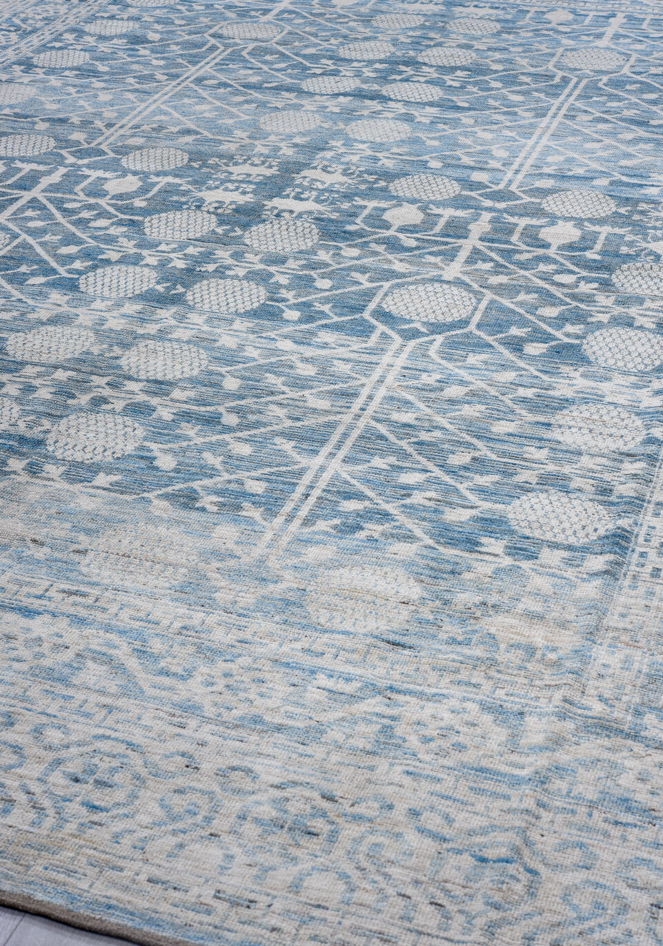 10' x 14' one-of-a-kind handmade vintage Tulu large size rug. Color palette: arapawa, black, blue, fiord, gainsboro, gray