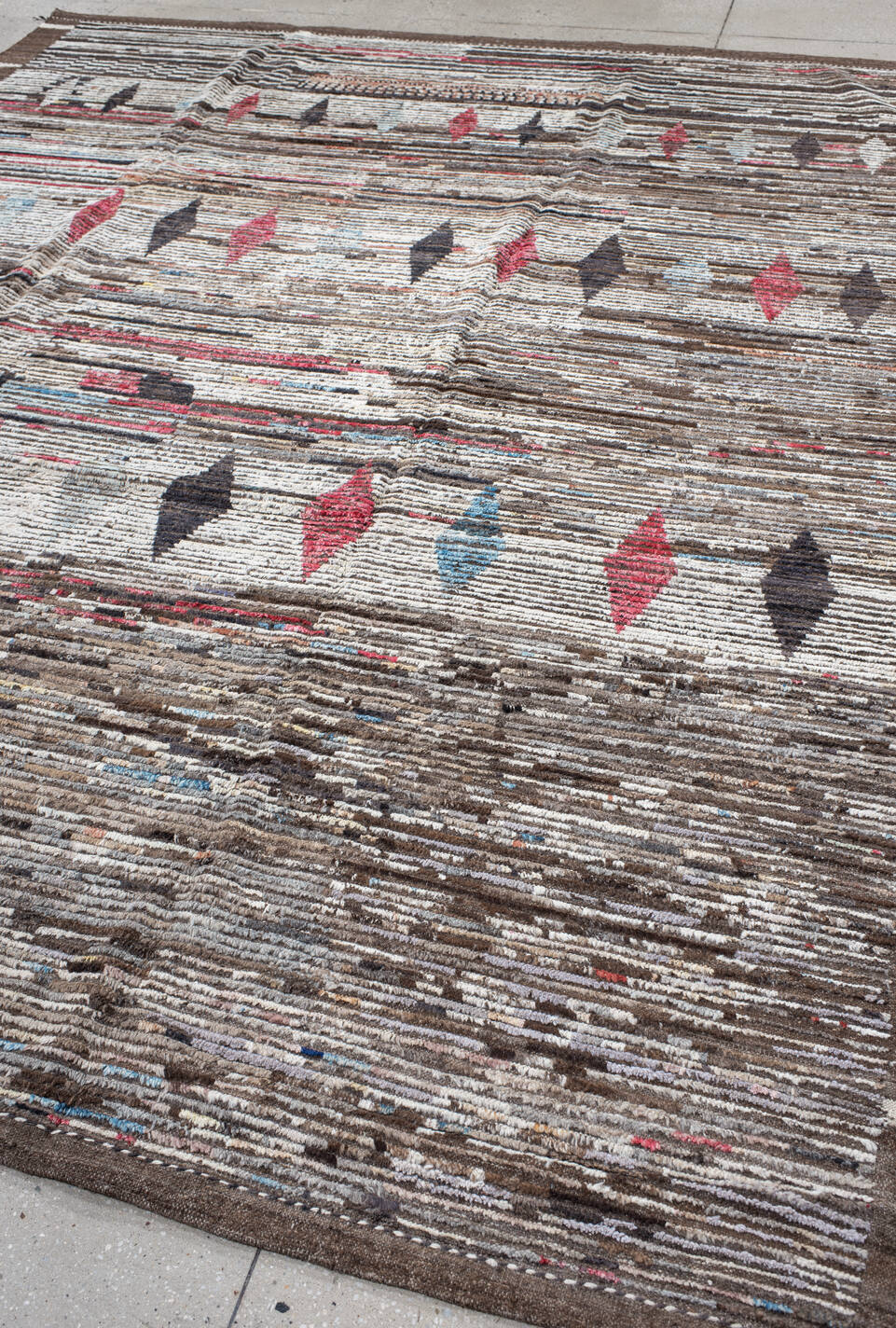 9' x 11' one-of-a-kind handmade vintage Tulu large size rug. Color palette: black, brown, gainsboro, gray, light gray, linen