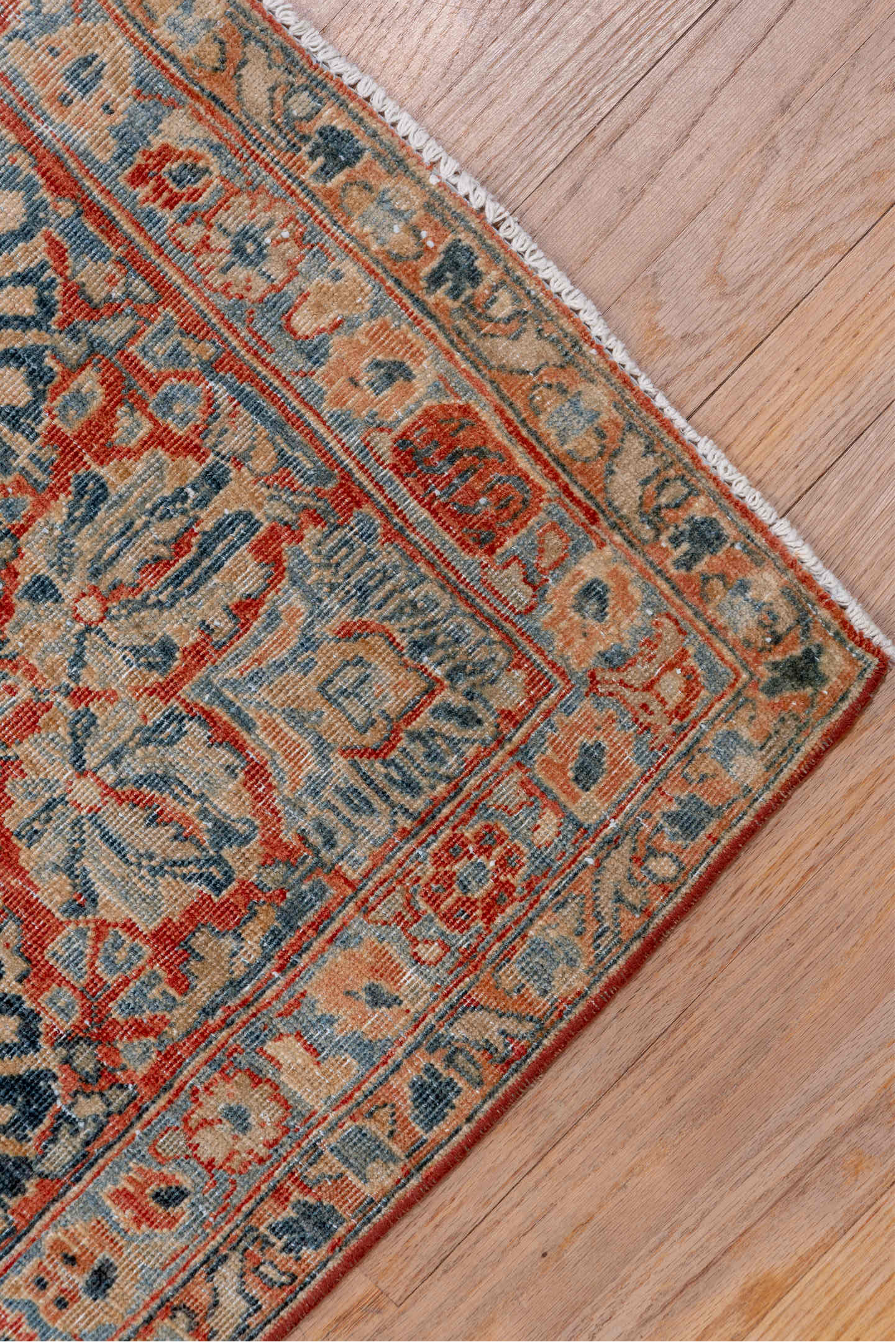 8' x 11' one-of-a-kind handmade vintage Sarouk large size rug. Color palette: black, blue, brown, charcoal, gray, light gray