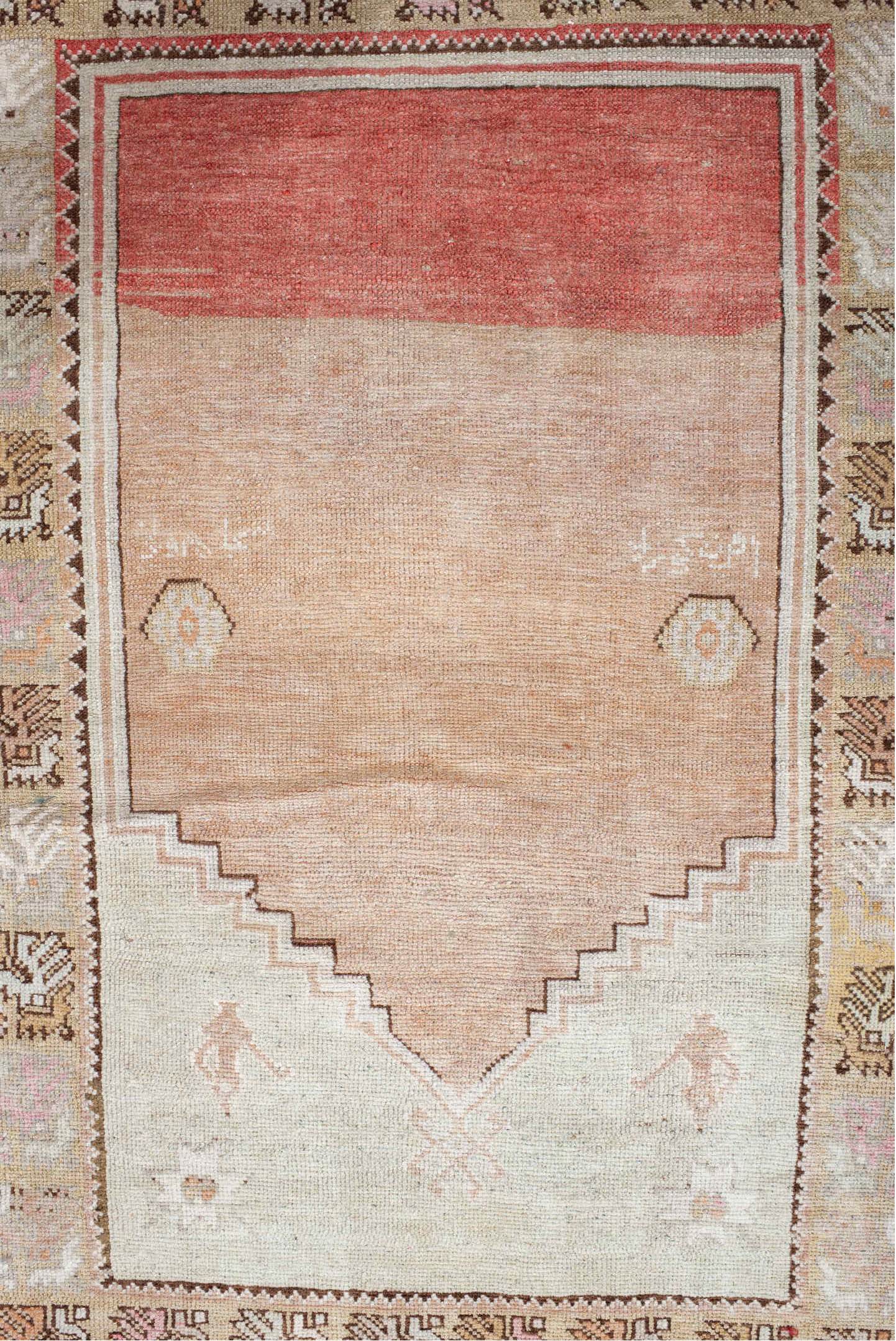 3' x 5' one-of-a-kind handmade vintage Anatol small size rug. Color palette: antiquewhite, brown, gray, light gray, linen