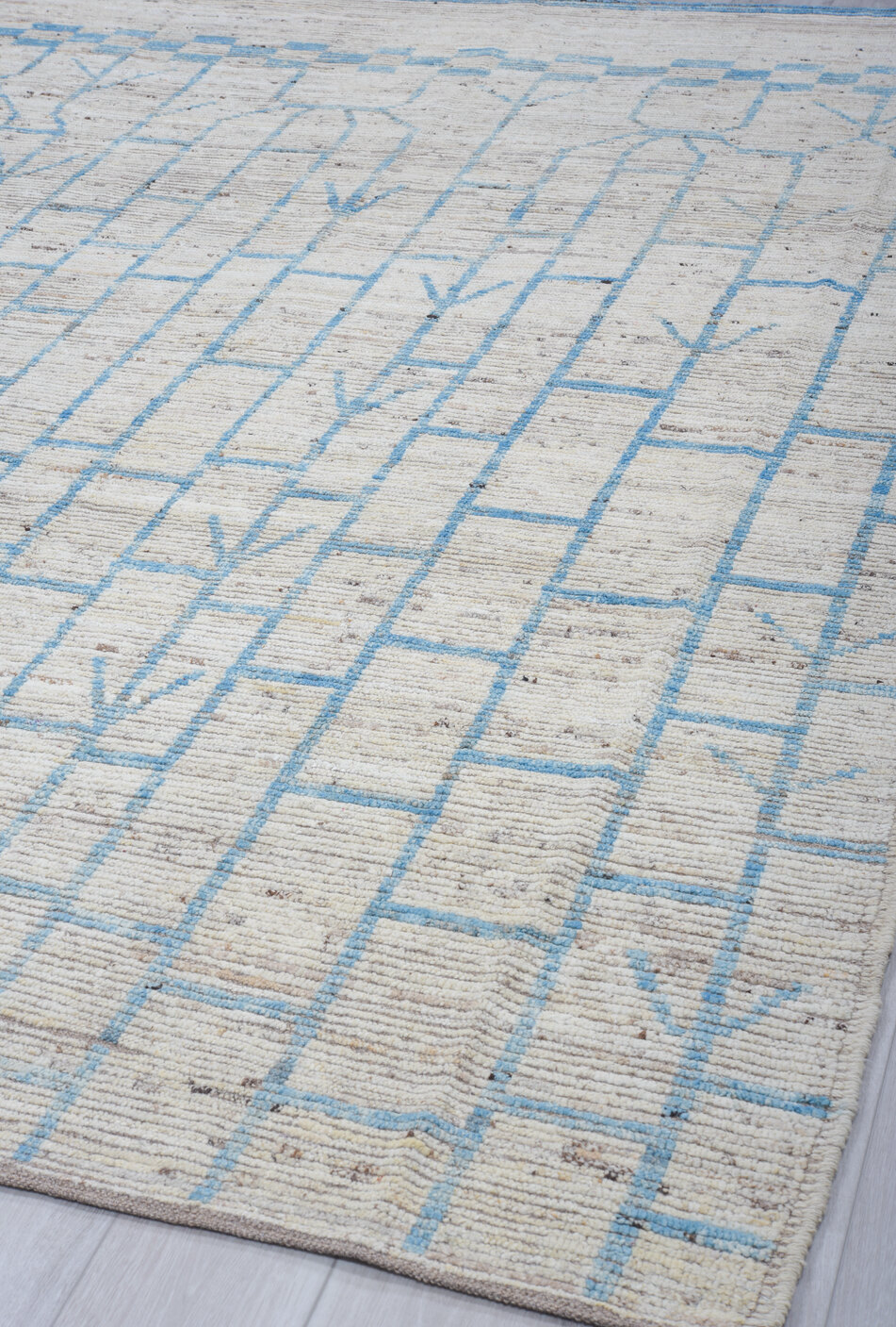 8' x 9' one-of-a-kind handmade vintage Tulu rug. Color palette: blue, dark gray, dim gray, gainsboro, gray, light blue