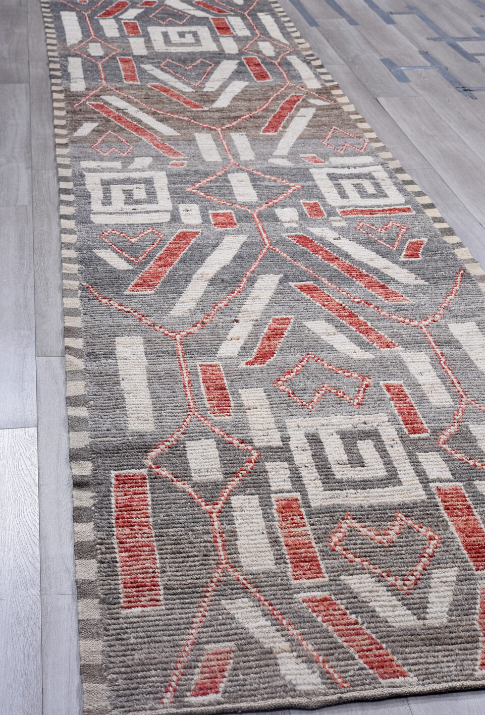 3' x 15' one-of-a-kind handmade vintage Tulu runner rug. Color palette: black, brown, charcoal, dark gray, dim gray, gray