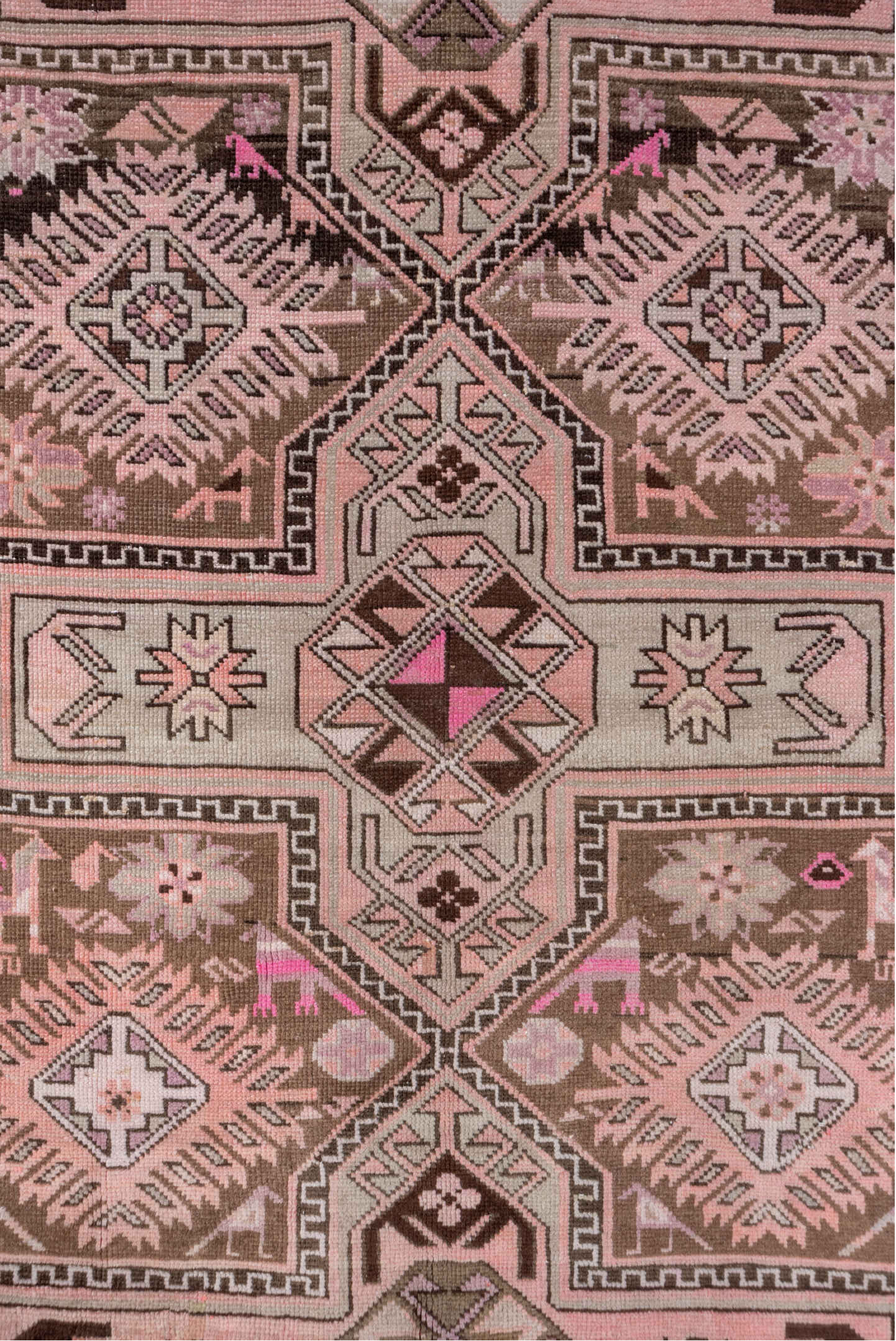 4' x 7' one-of-a-kind handmade vintage Karabagh rug. Color palette: brown, gray, pink, red, redwood