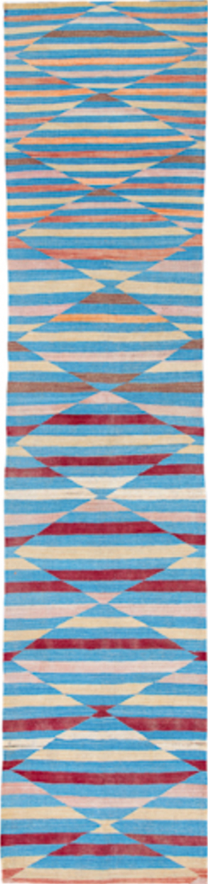 2' x 12' one-of-a-kind handmade vintage Kilim runner rug. Color palette: pink, red, gray, light gray, orange, brown