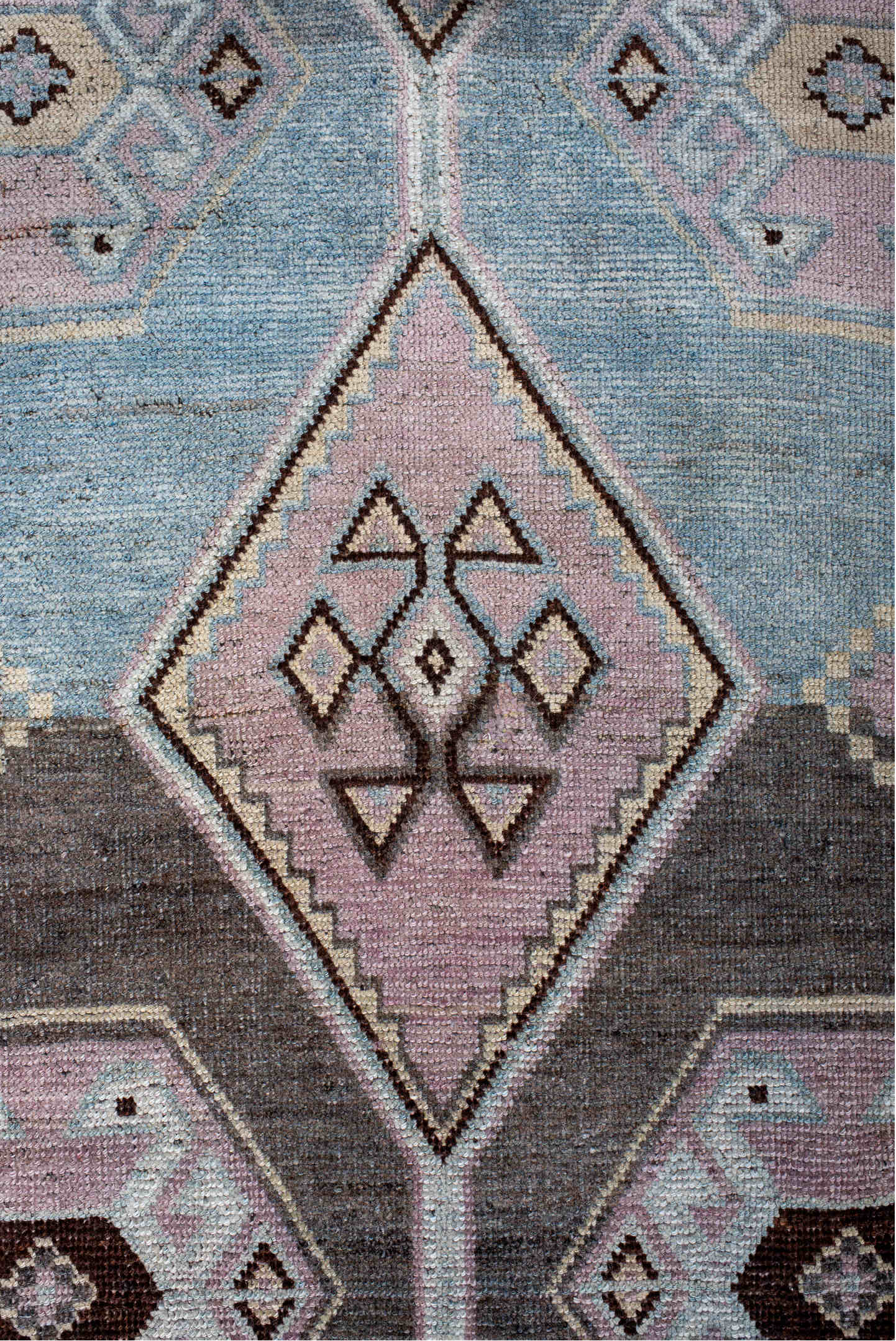4' x 8' one-of-a-kind handmade vintage Gabbe rug. Color palette: black, blue, gray, light blue, light gray, light slate gray