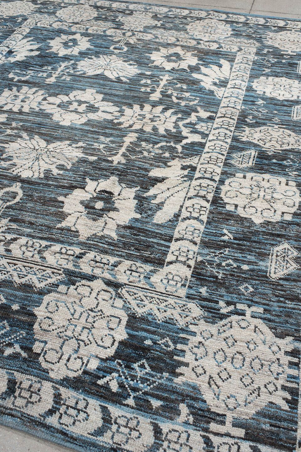 8' x 9' one-of-a-kind handmade vintage Oushak rug. Color palette: arapawa, black, blue, charcoal, dark gray, dim gray