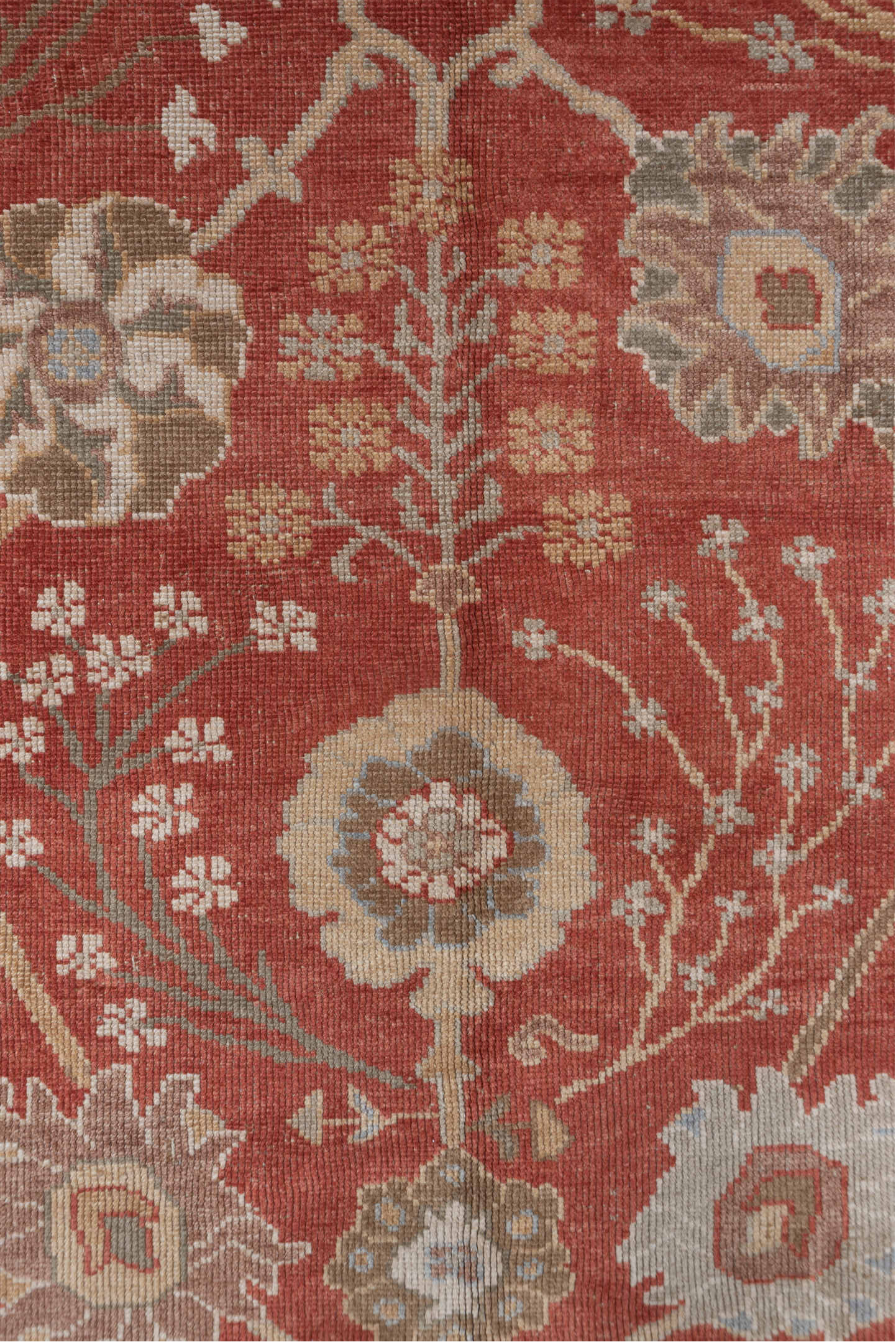 6' x 9' one-of-a-kind handmade vintage Oushak medium size rug. Color palette: brown, off-white, orange, pink
