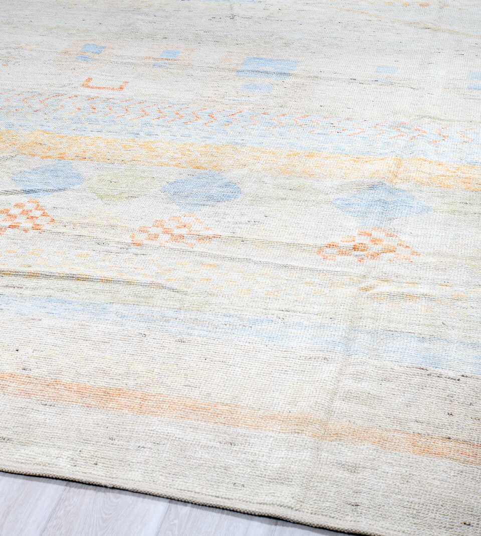 13' x 16' one-of-a-kind handmade vintage Tulu oversize rug. Color palette: alice blue, azure, bisque, blanched almond, blue