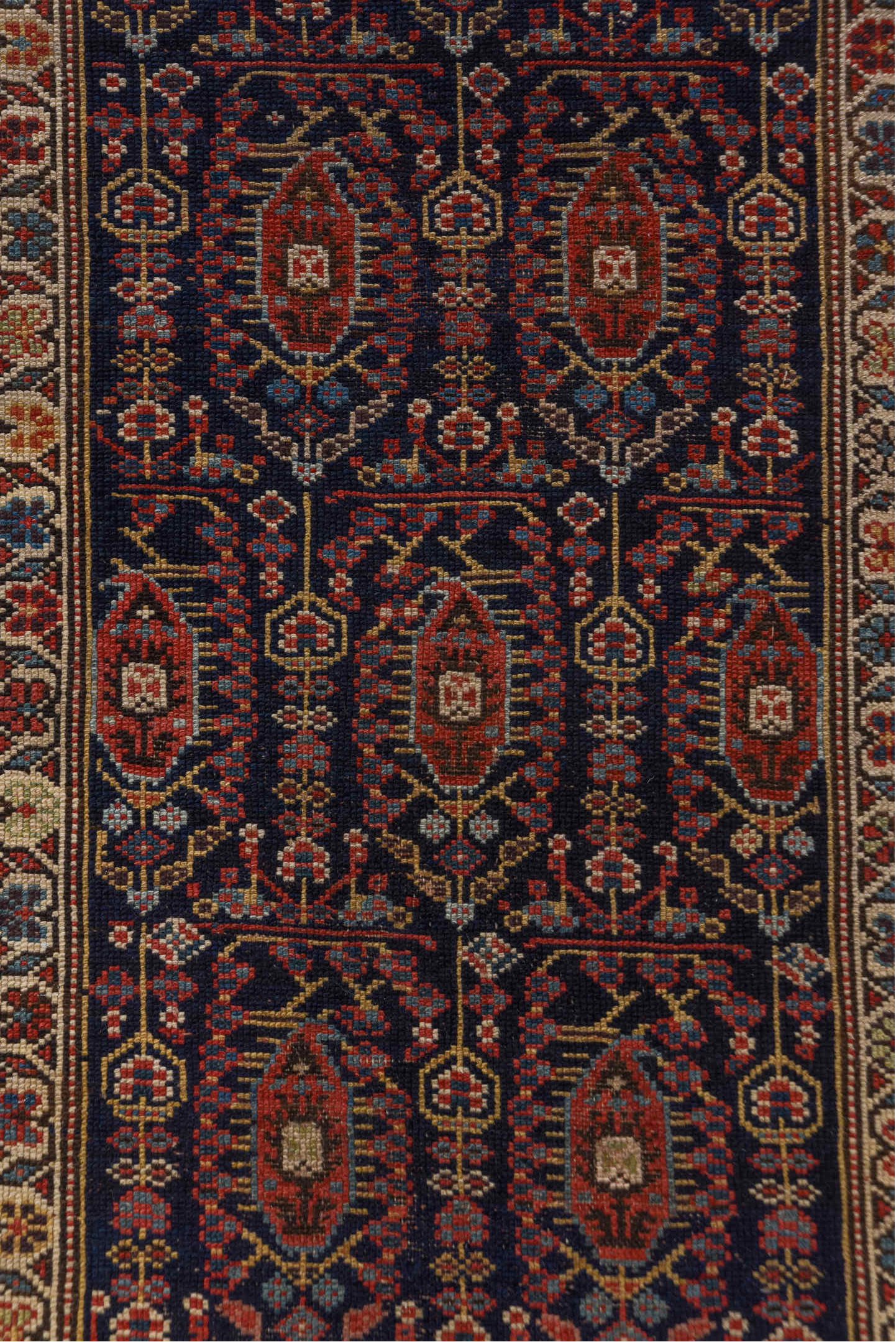 2' x 17' one-of-a-kind handmade vintage NW Persian runner rug. Color palette: blue, brown, gray, off-white, pink, red