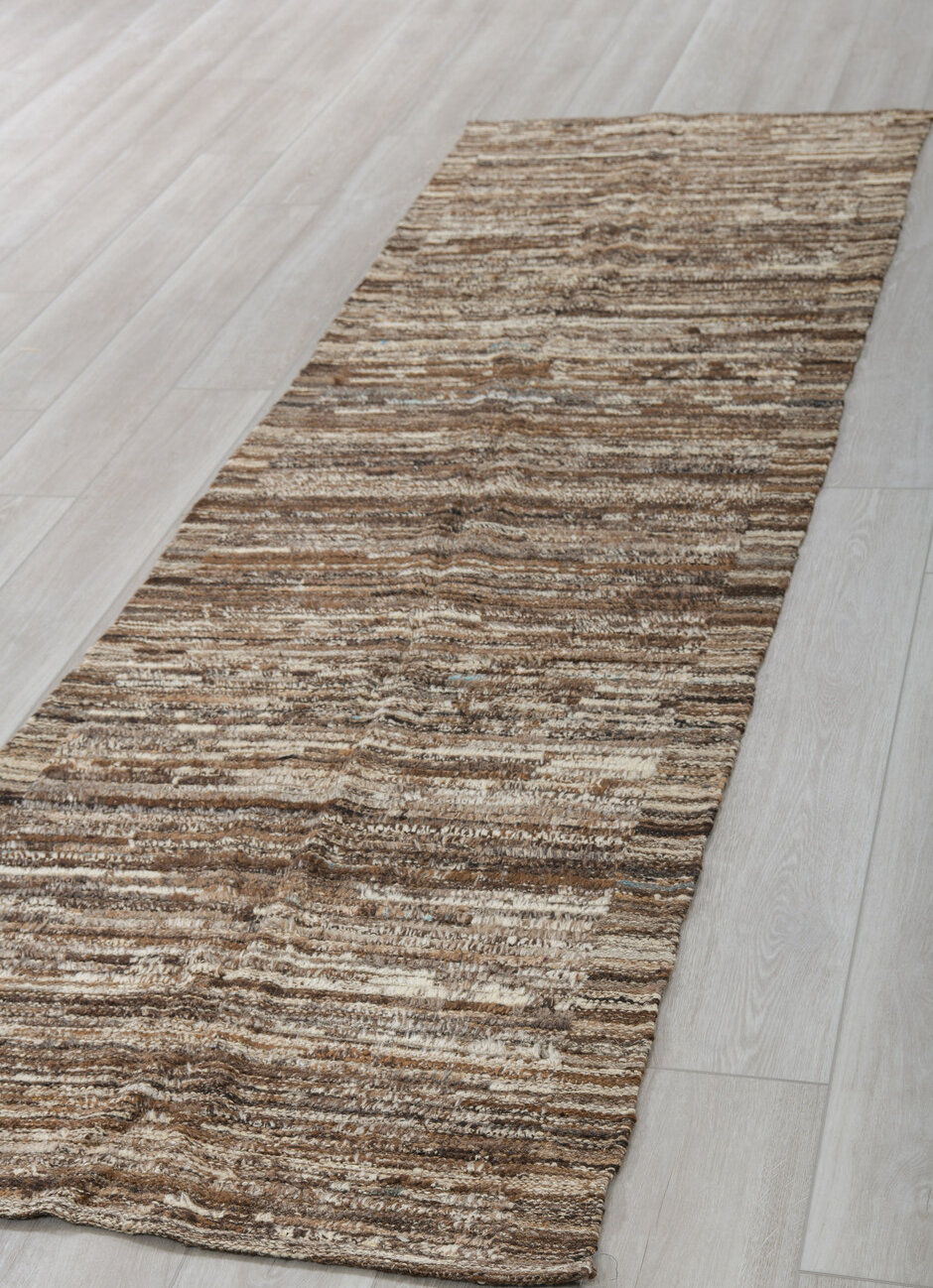 3' x 10' one-of-a-kind handmade vintage Tulu runner rug. Color palette: brown, dark gray, gray, light gray, off-white