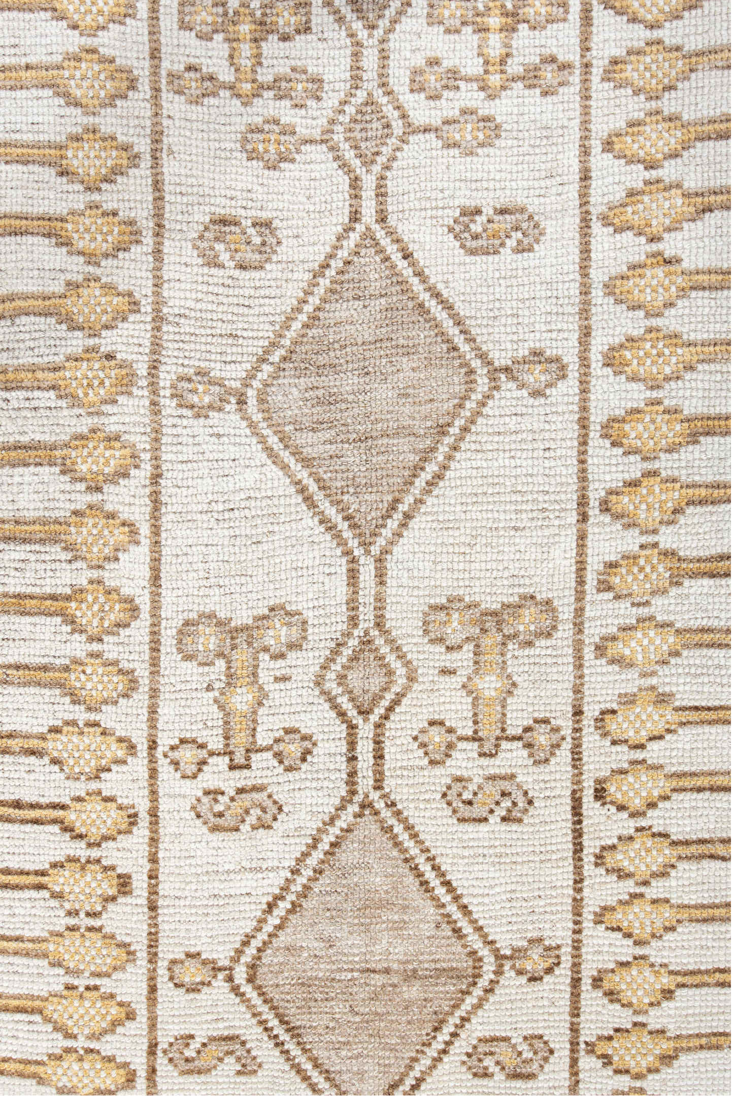 3' x 6' one-of-a-kind handmade vintage Gabbe small size rug. Color palette: brown, off-white, gray, light gray, yellow, pink