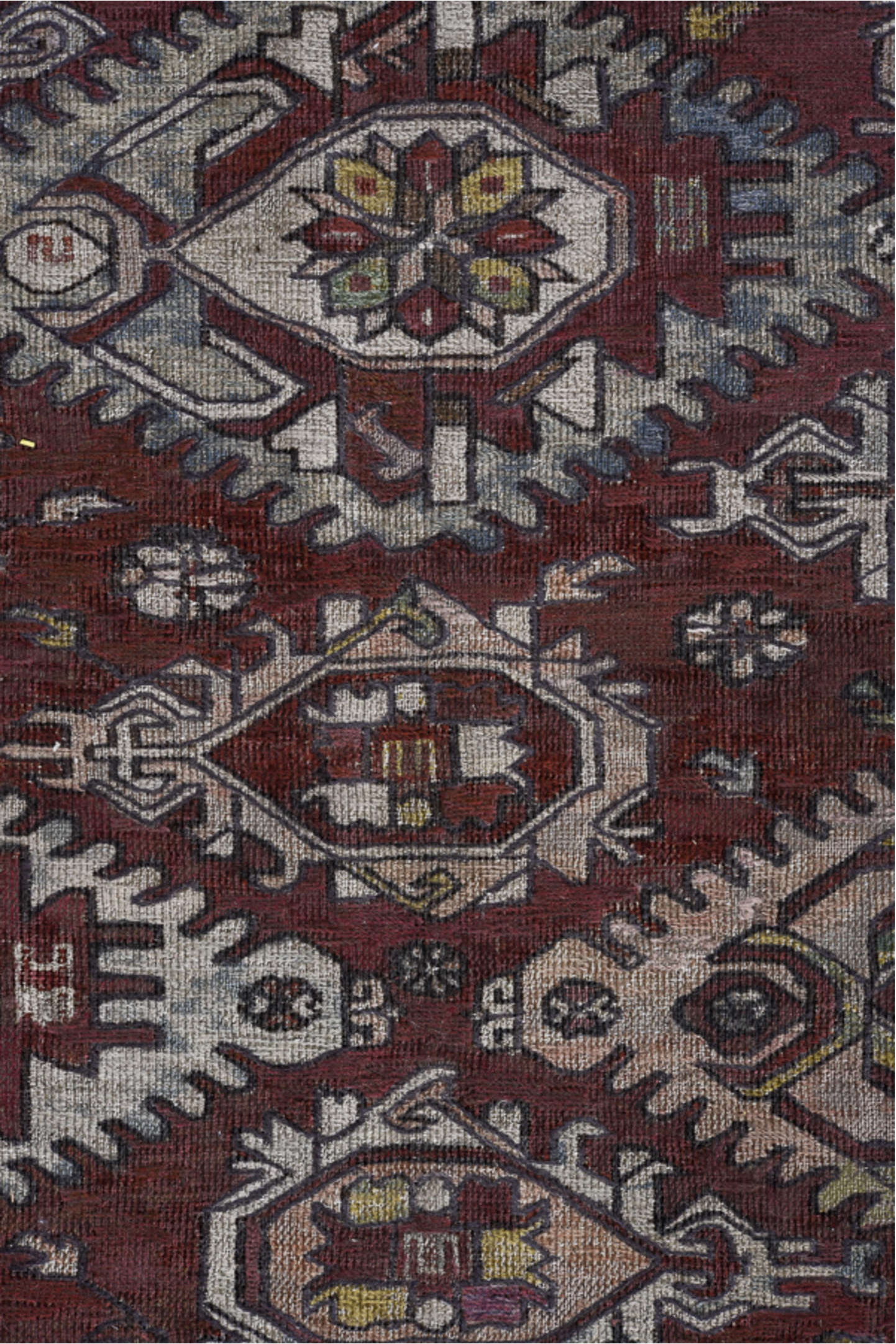 7' x 9' one-of-a-kind handmade vintage Sumak rug. Color palette: gray, brown, red, light gray, black, blue, dim gray, silver