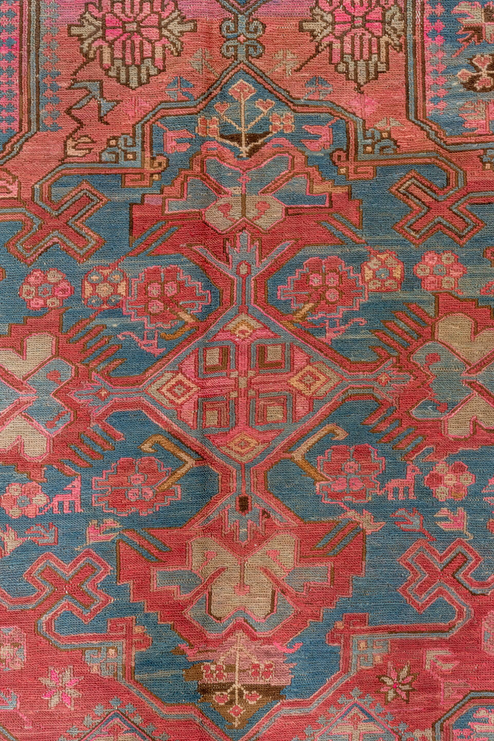 6' x 11' one-of-a-kind handmade vintage Sumak large size rug. Color palette: blue, brown, gray, pink, red, redwood