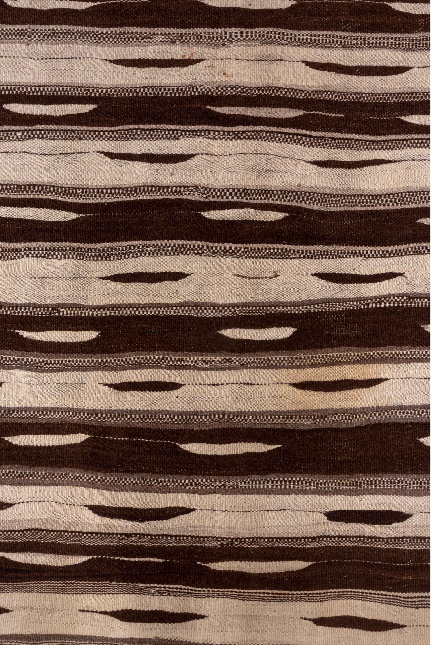 4' x 10' one-of-a-kind handmade vintage Kilim runner rug. Color palette: brown, gray, light gray, off-white, pink, snow