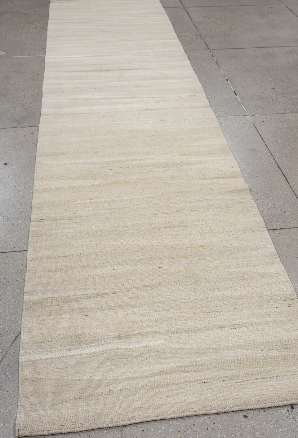 3' x 12' one-of-a-kind handmade vintage Kilim runner rug. Color palette: light gray, off-white, gray, pink, brown, linen