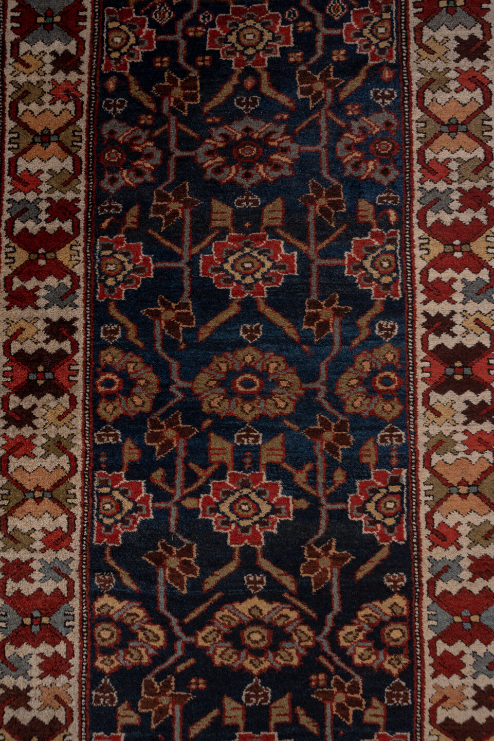 3' x 12' one-of-a-kind handmade vintage Malayer runner rug. Color palette: black, brown, gray, pink, red