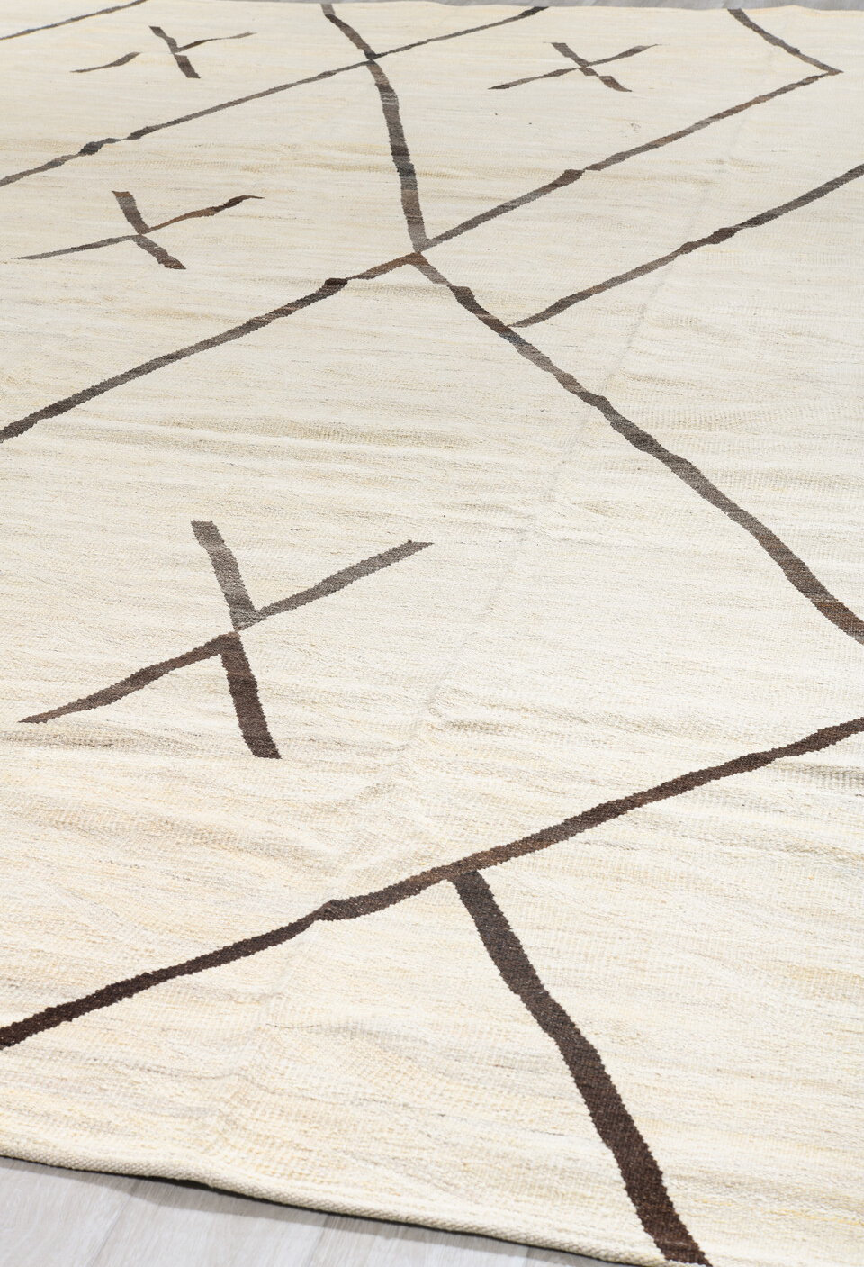 14' x 15' one-of-a-kind handmade vintage Kilim oversize rug. Color palette: antiquewhite, beige, black, brown, dark gray