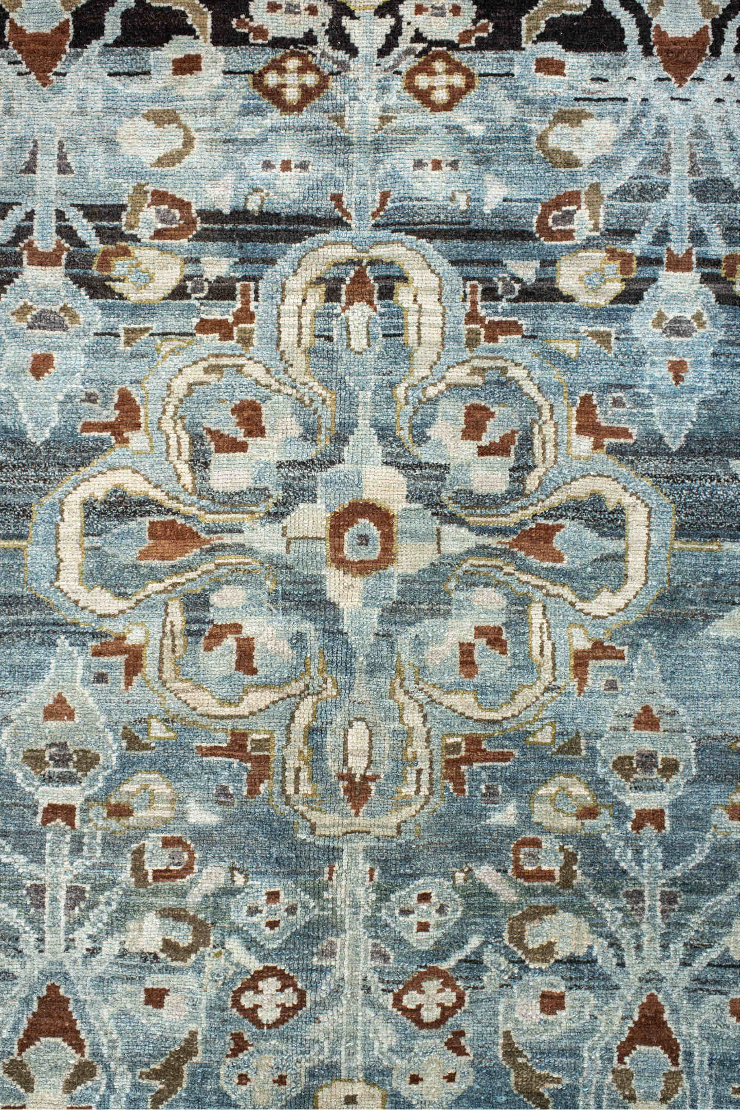 6' x 9' one-of-a-kind handmade vintage Lilian medium size rug. Color palette: black, blue, brown, charcoal, dark gray