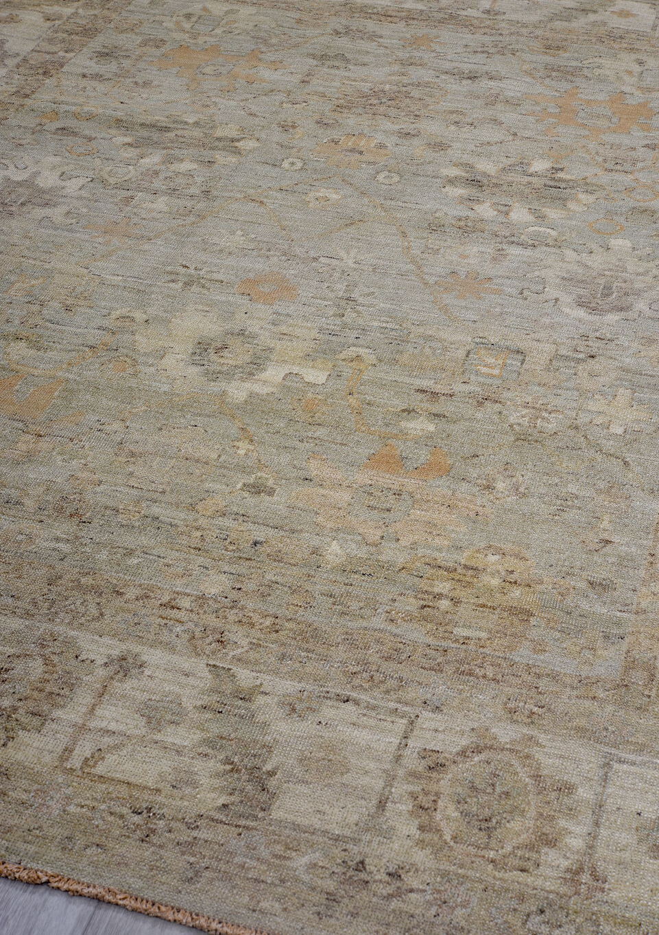 7' x 9' one-of-a-kind handmade vintage Oushak rug. Color palette: brown, gray, light gray, off-white