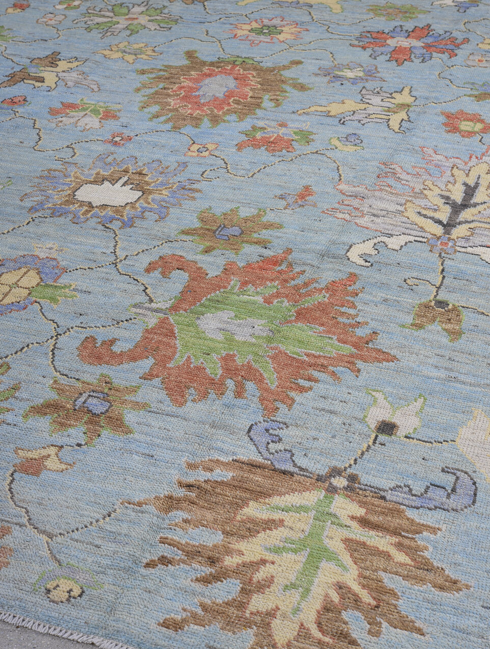 8' x 12' one-of-a-kind handmade vintage Oushak large size rug. Color palette: black, blue, brown, charcoal, dim gray, gray