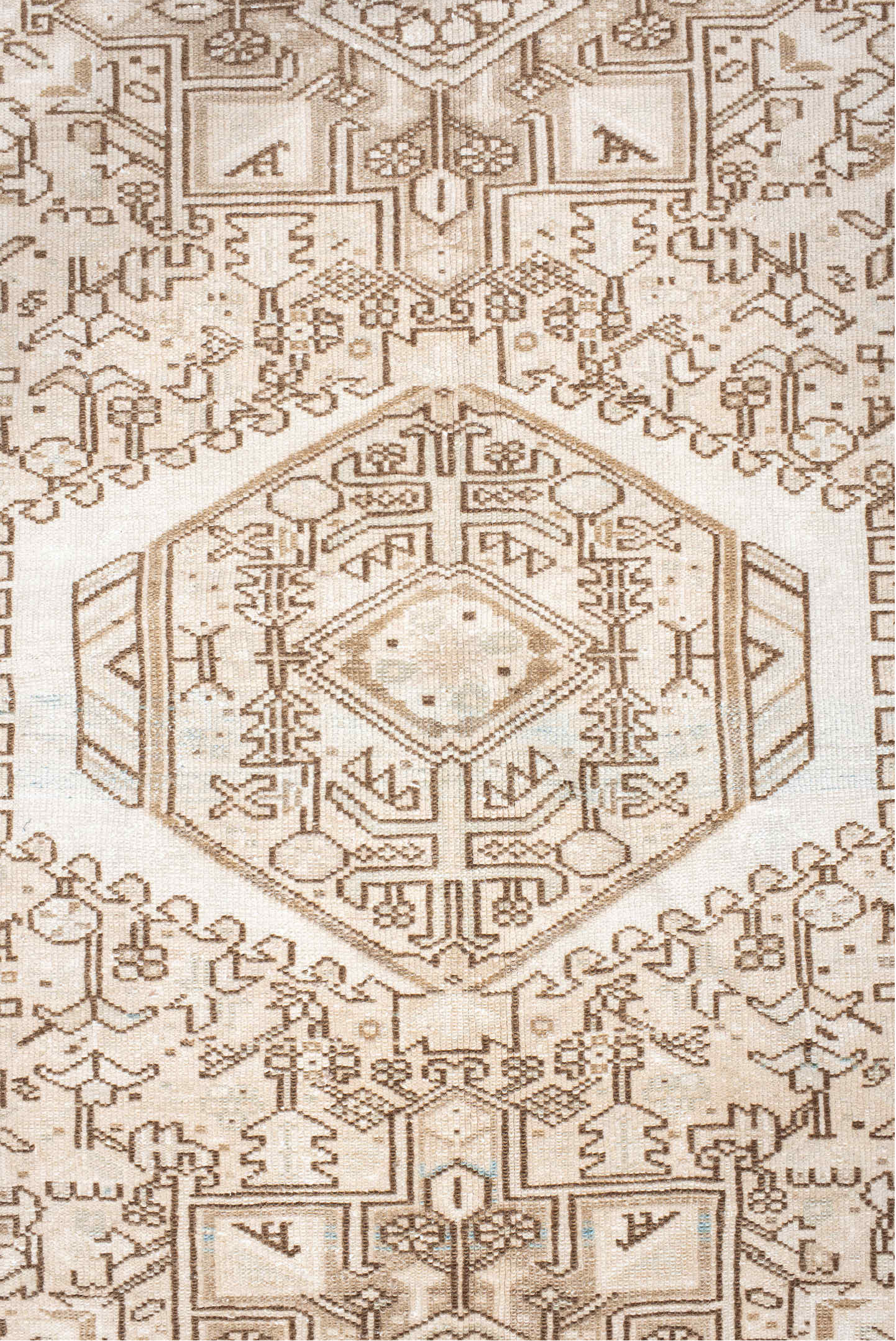 5' x 6' one-of-a-kind handmade vintage Karaje rug. Color palette: antiquewhite, brown, gainsboro, gray, light gray, linen