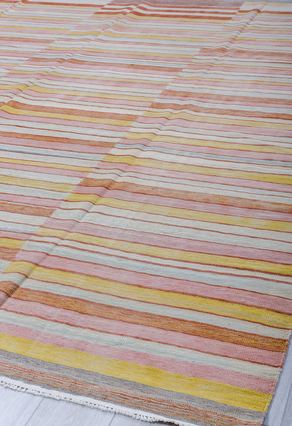 8' x 9' one-of-a-kind handmade vintage Kilim rug. Color palette: brown, dark gray, gainsboro, gray, light gray, off-white