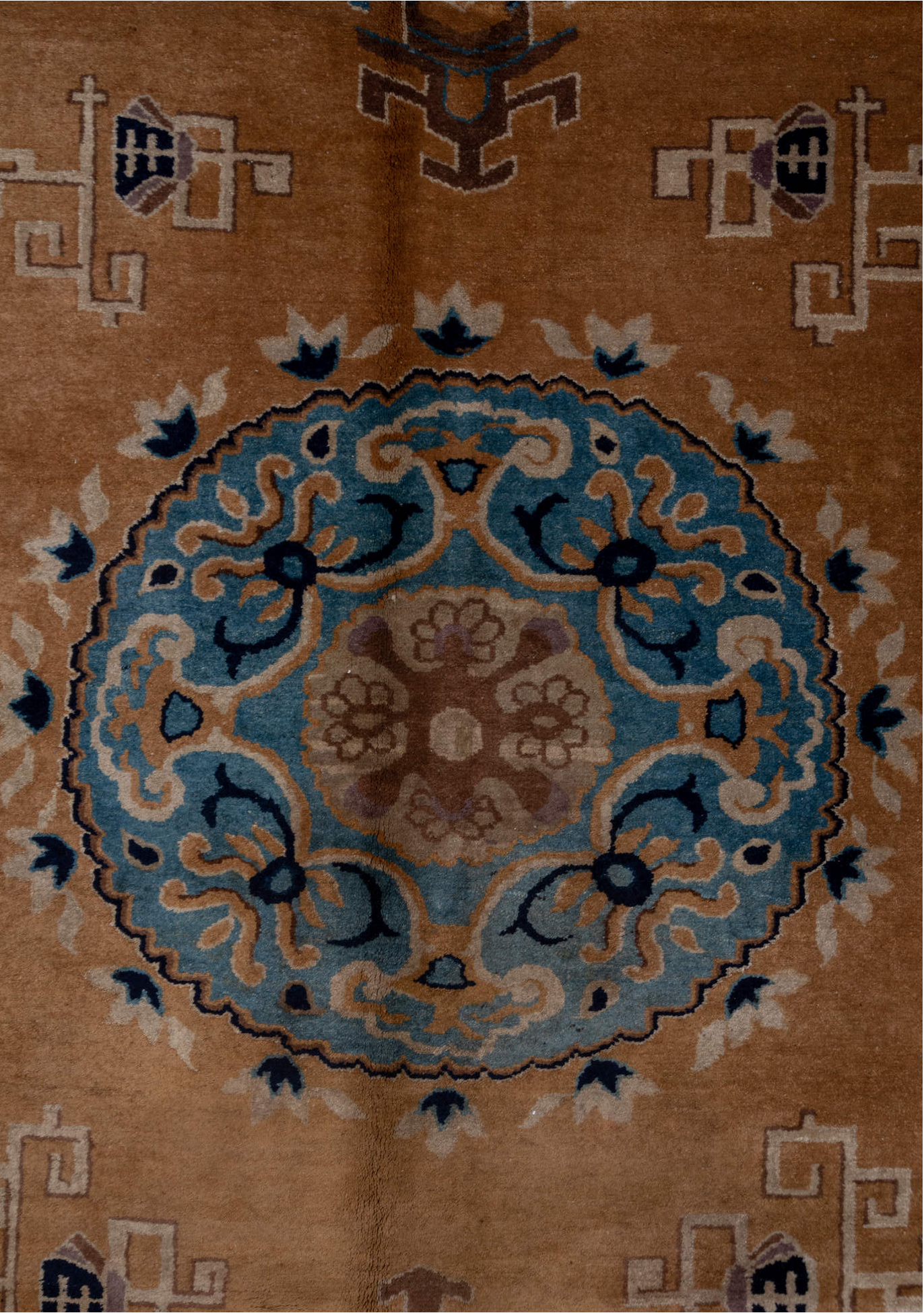 9' x 11' one-of-a-kind handmade vintage Chinese large size rug. Color palette: arapawa, black, blue, brown, charcoal