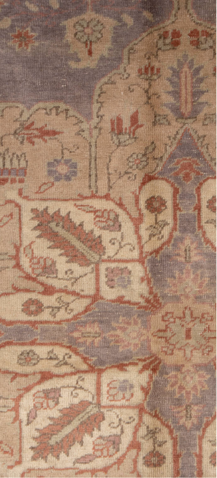 8' x 11' one-of-a-kind handmade vintage Oushak large size rug. Color palette: brown, gray, off-white, orange, pink, snow